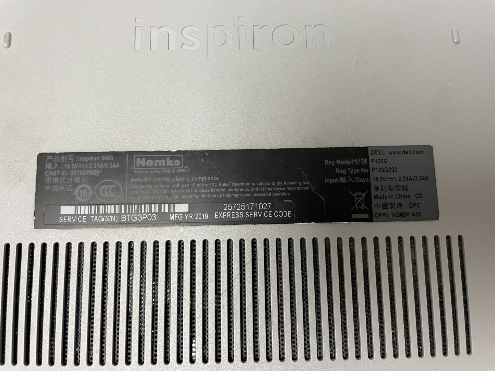 Dell Inspiron 14 5493 Intel i5-1035G1 @3.30GHz 8GB RAM NO SSD BrokenScreen Parts