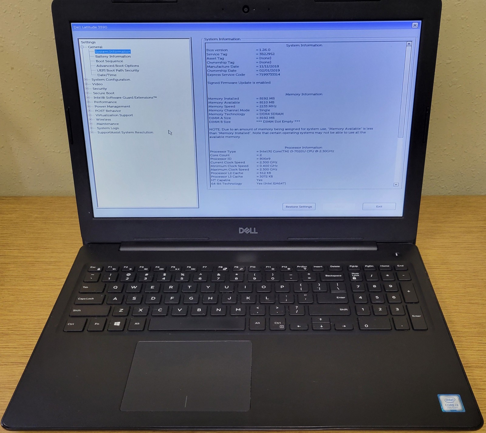 Dell Latitude 3590 i3-7020U 2.30GHz 8GB DDR4 No OS/HDD/SSD