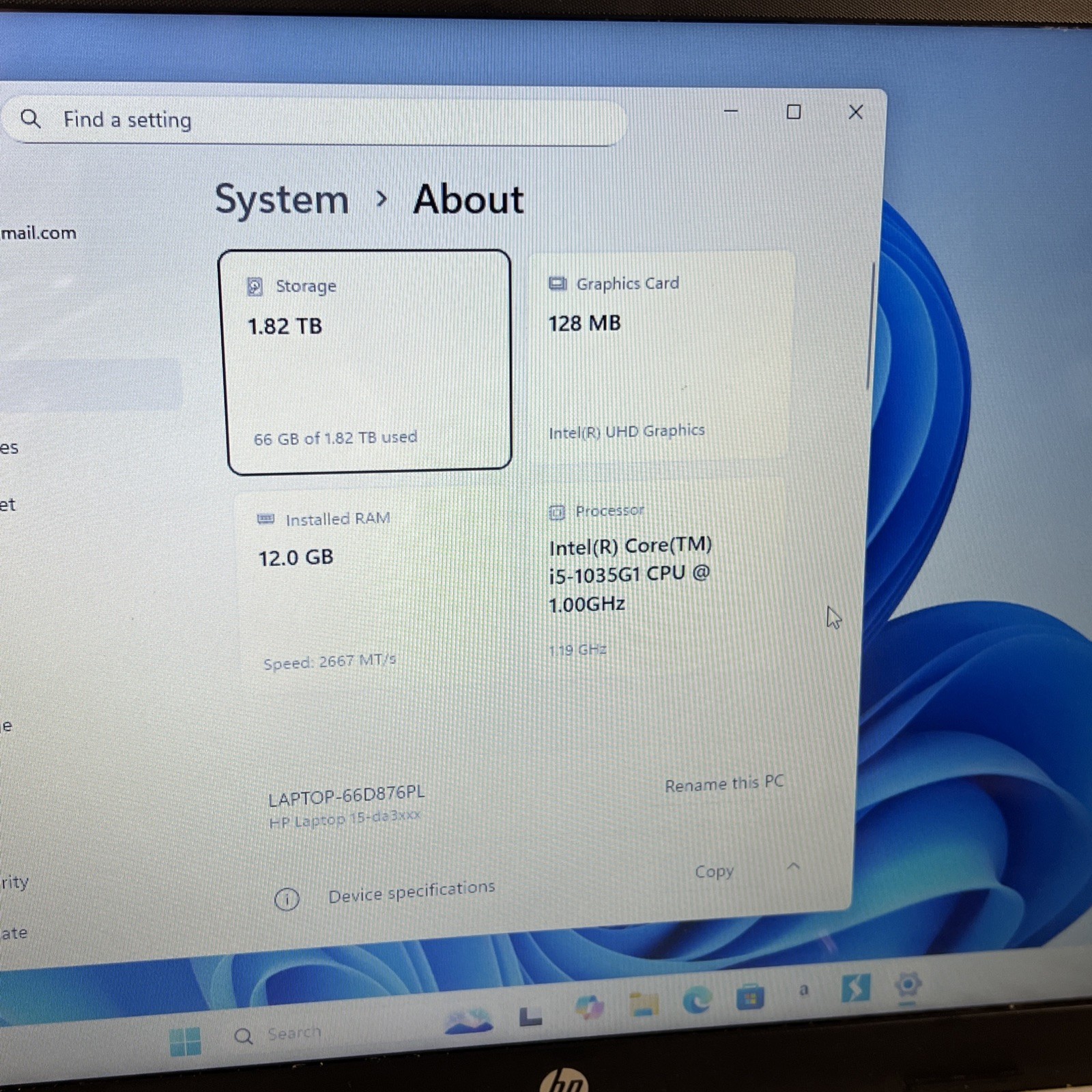 HP 15-da3016cy Laptop i5-1035G1 1.00Ghz, 12GB Ram, 2TB HDD, Windows 11 Home