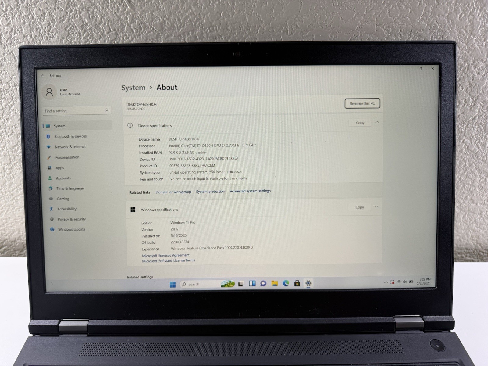 LENOVO THINKPAD P15 GEN 1 | CORE I7-10850H 512GB 16GB RAM WIN 11 NVIDIA T1000