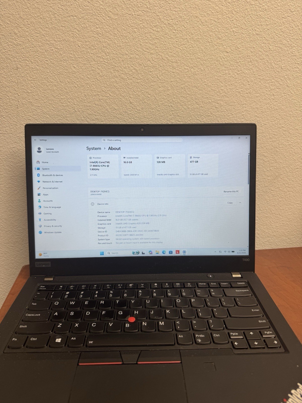 Lenovo ThinkPad T490, i7-8665U 1.90GHz, 16GB, 512GB SSD Windows 11 Pro