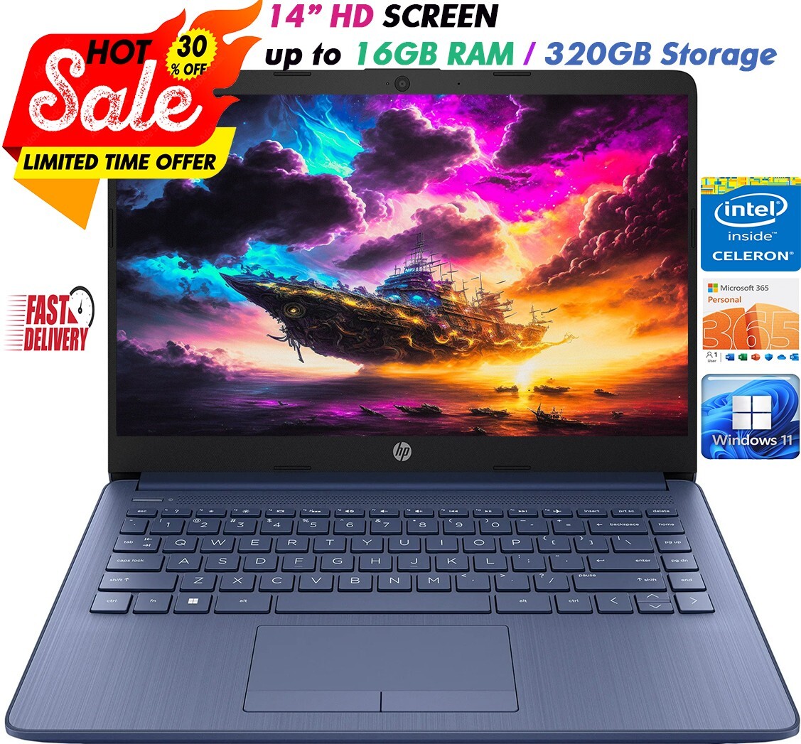 HP 2024 Newest Laptop 14″HD Intel 4-Core Up to 16GB RAM & 320GB Storage Blue