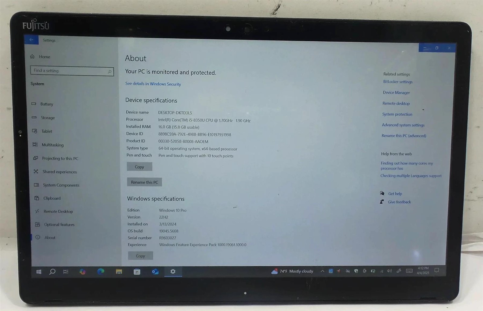 Fujitsu Stylistic Q738 Core i5-8365U 1.6GHz 16GB 128GB Windows 10