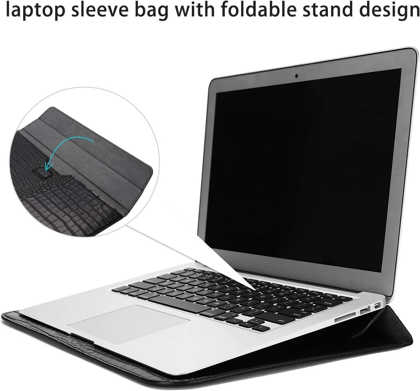 Sleeve for 13 inch Laptop, Crocodile Grain PU Leather Flap Case Bag, Black
