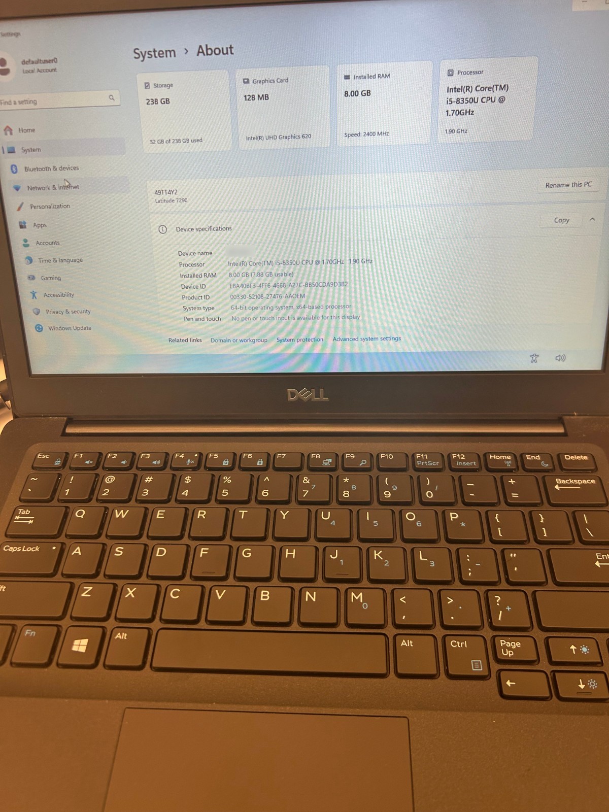 DELL LATITUDE 7290 CORE I5-8350U 1.70GHZ 8GB RAM 256 GB WIN 11
