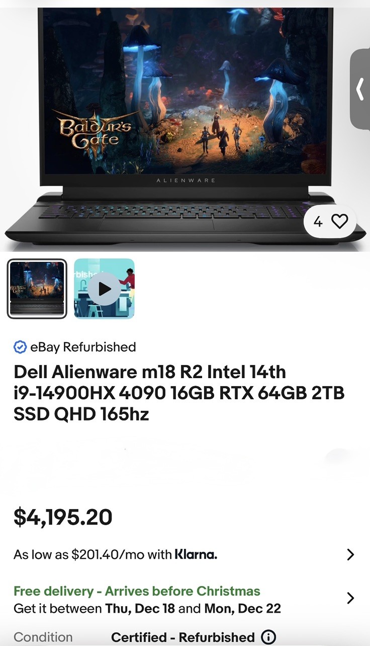 DELL ALIENWARE M18 R2 Gaming Laptop – i9-14900HX, 64GB, 2TB SSD, 4090 16GB