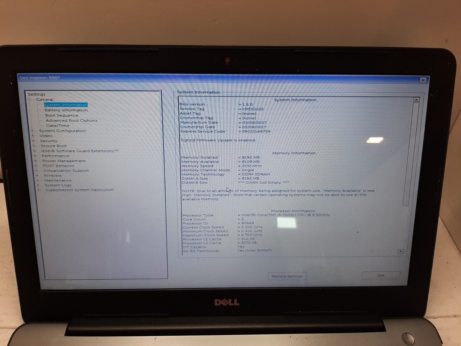 Dell Inspiron 5567 15.6″ Laptop i5-7200U 8GB RAM NO SSD/OS. #97