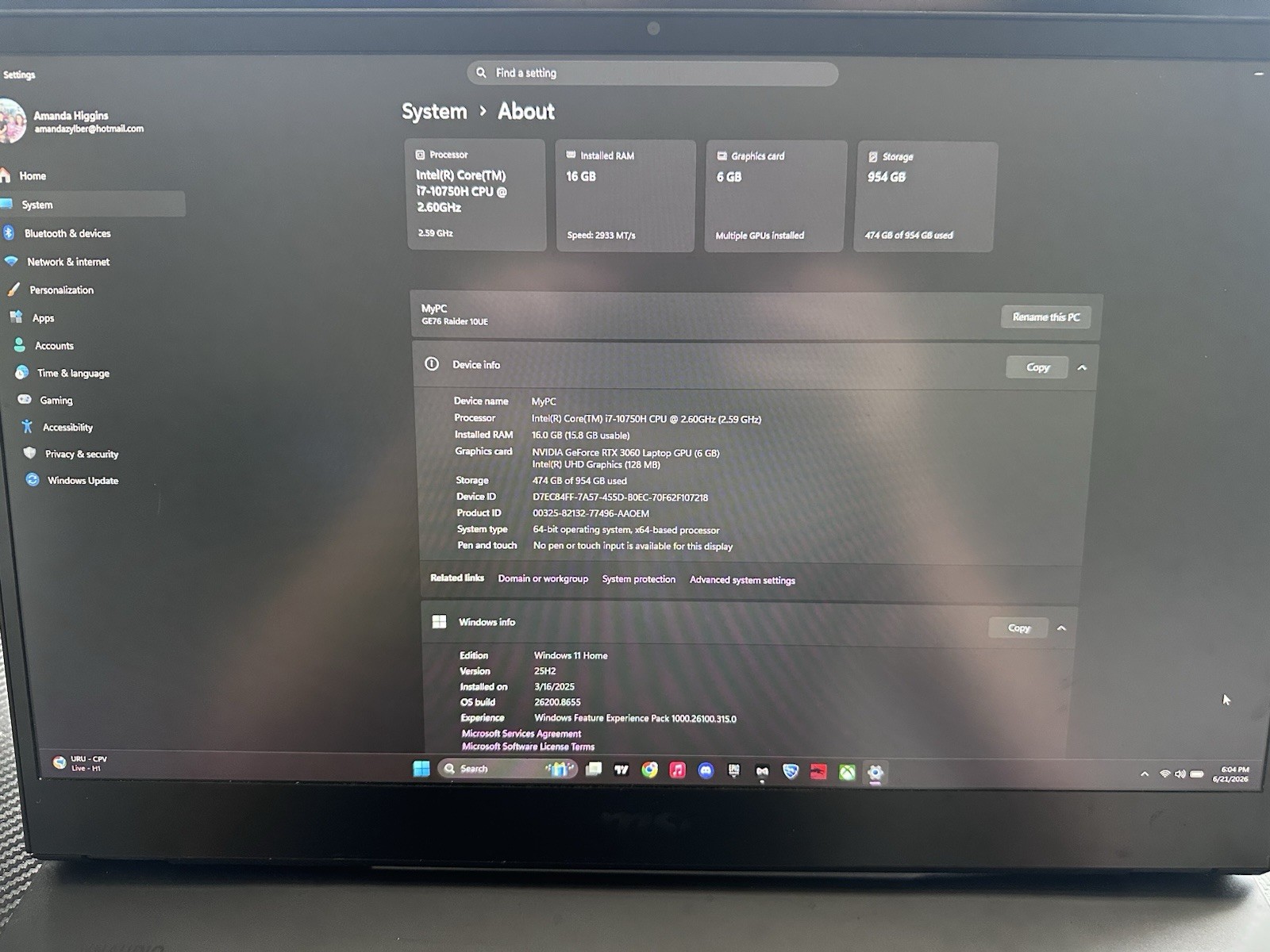 MSI GE76 Raider 17.3″ Gaming i7-10750H 16GB RTX 3060 W11