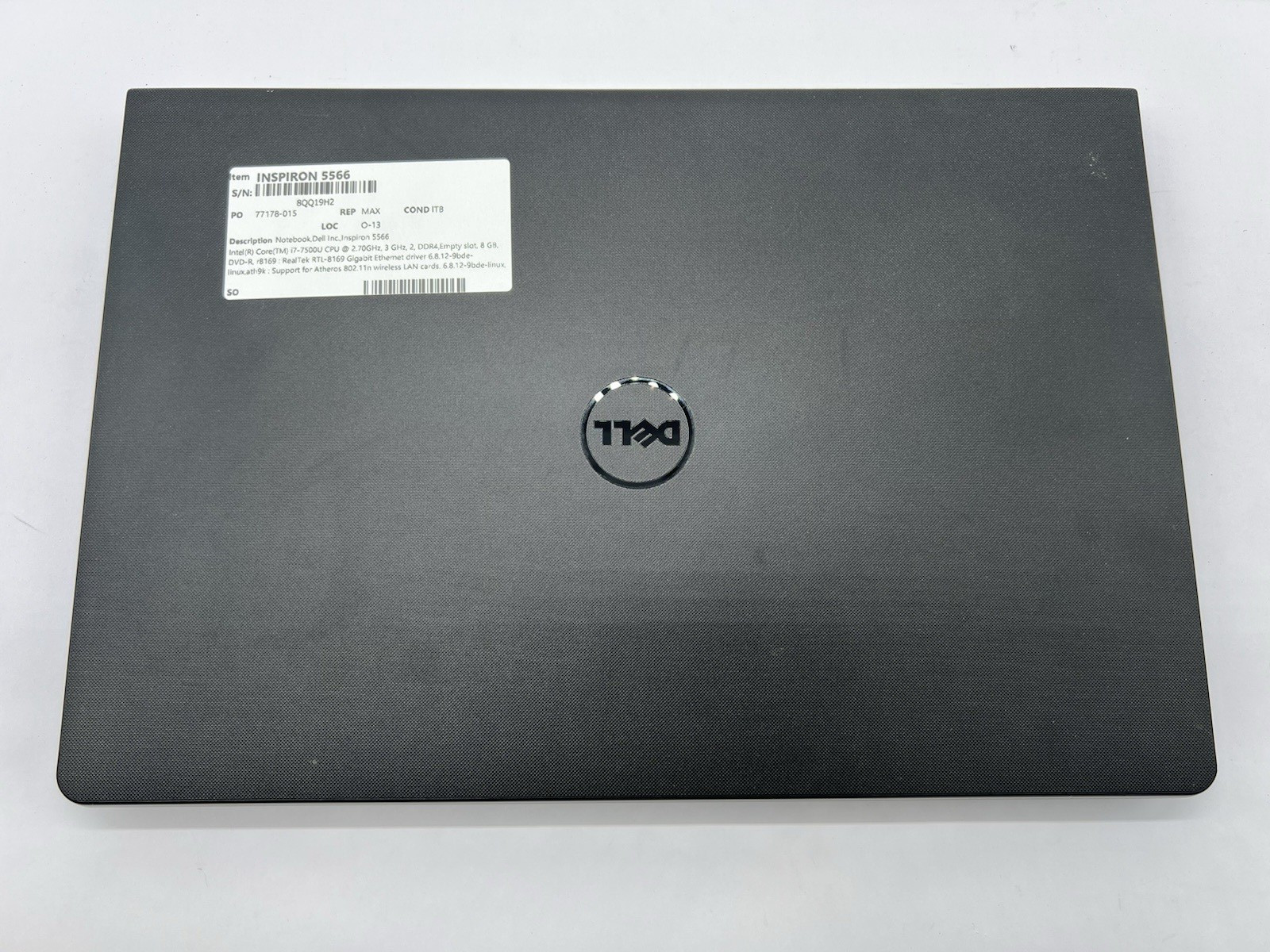 Dell Inspiron 5566, i7-7500U CPU, @ 2.70GHz, 8GB RAM-No HDD/OS/Adapter