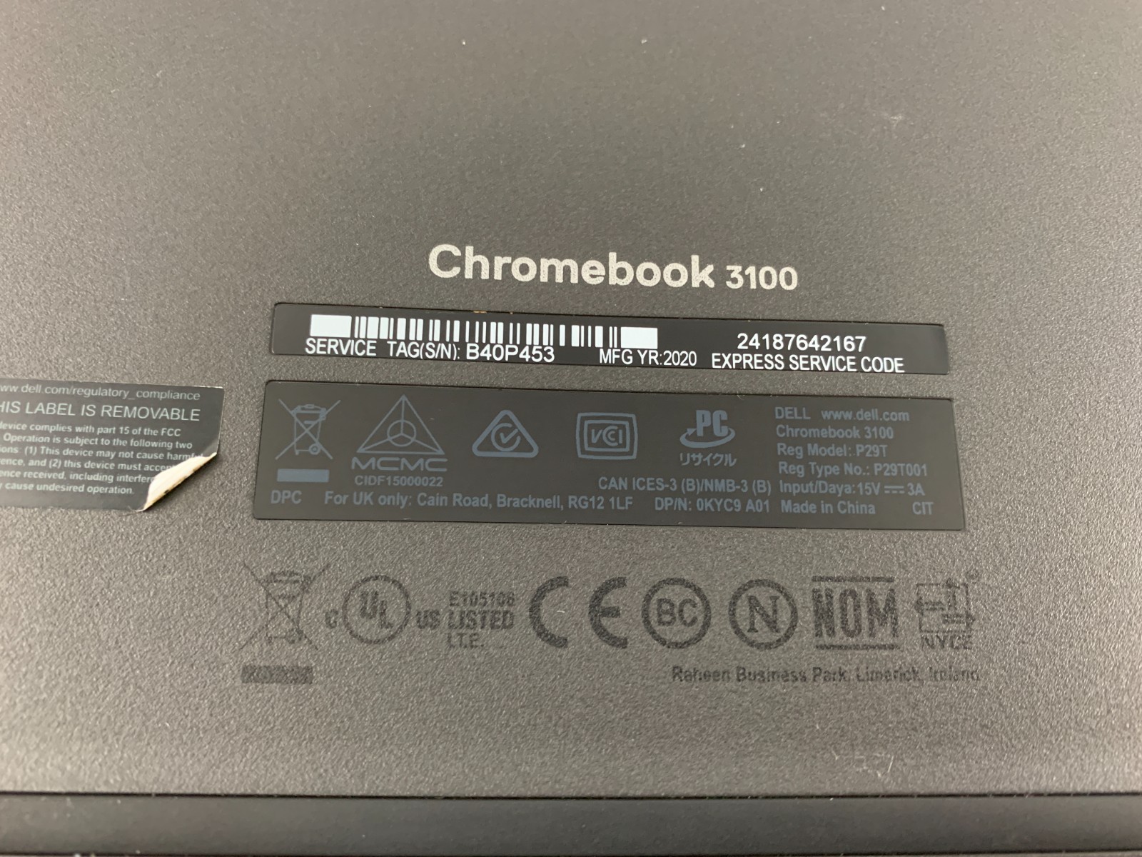Dell Chromebook 3100, Intel Celeron N4020 1.1GHz, 4GB RAM, 50% Battery, Working
