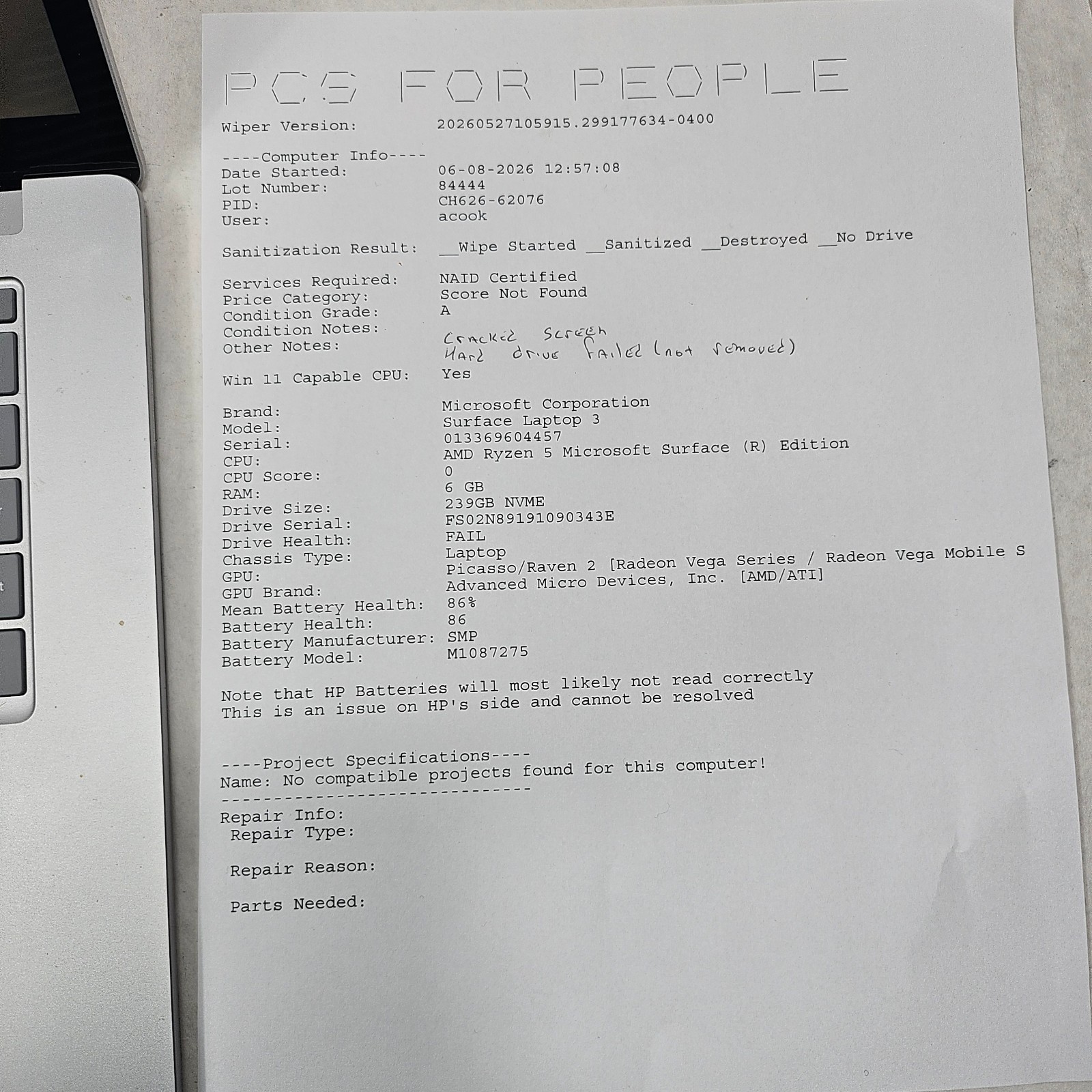 Microsoft Surface Laptop 3 1873 15″ Touch Ryzen 5 8GB RAM 256GB SSD – Cracked