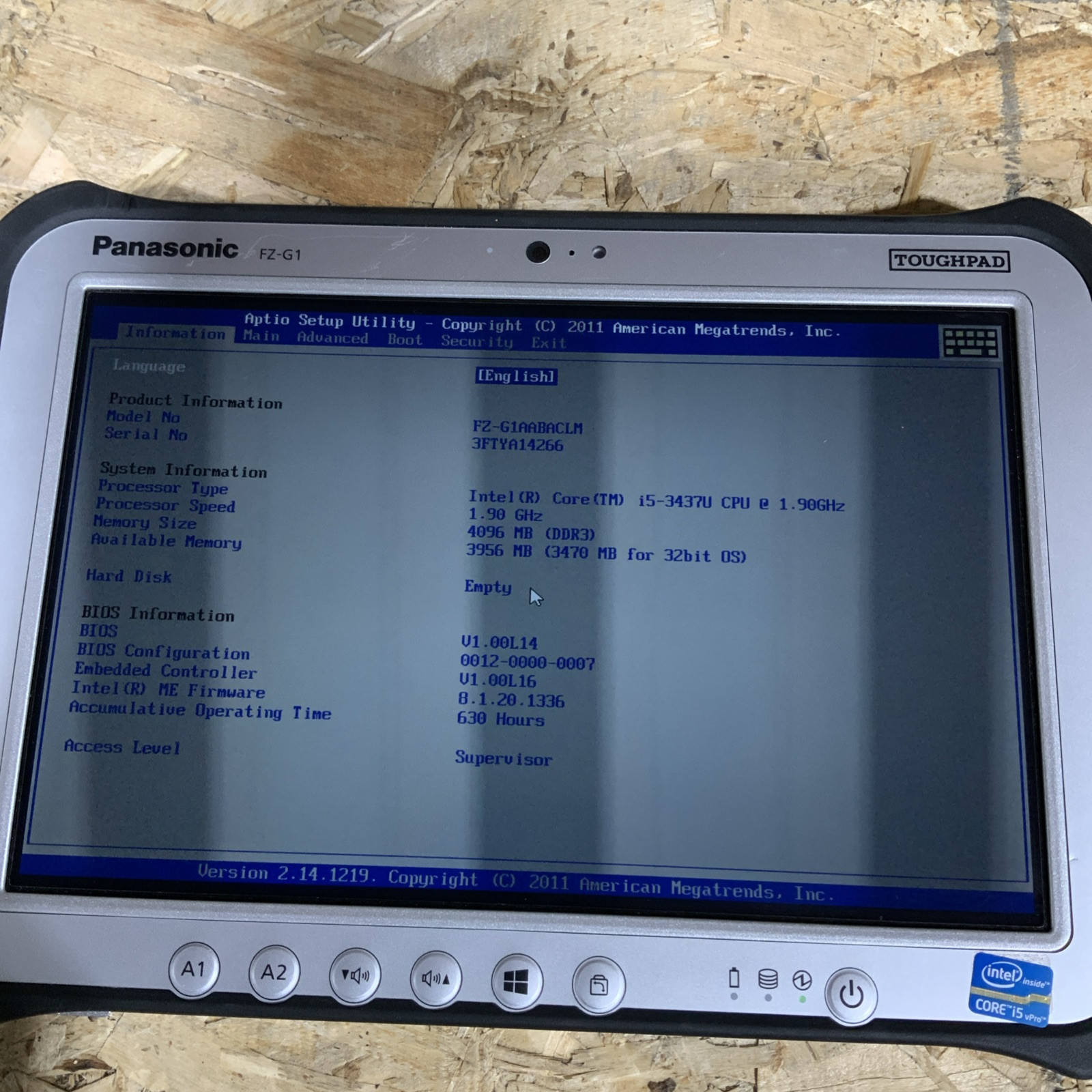 Panasonic Toughpad FZ-G1 MK1 Core i5-3437U 1.9GHz NO HD 4GB Touch 630 Hours H716