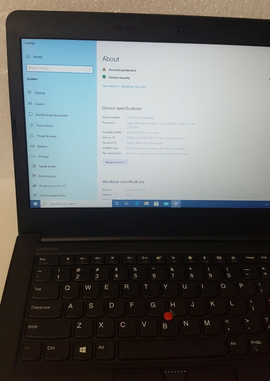 Excellent Lenovo ThinkPad E475 14″ A6-9500B 2.3GHz 4GB 256GB Ssd Win 10 Pro
