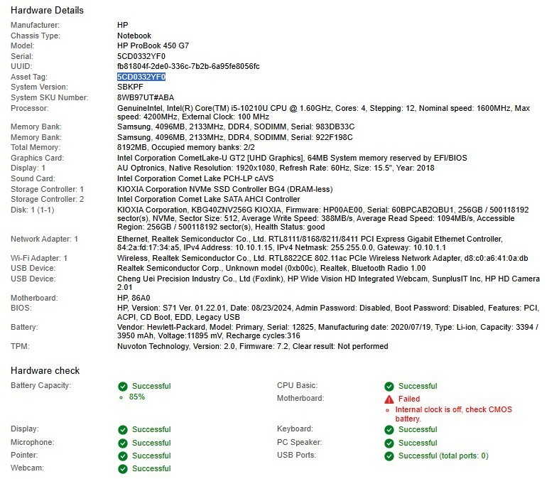 HP ProBook 450 G7 15.6″ (Core i5-10210U 1.60GHz 8GB RAM 256GB NVMe) No OS/AC