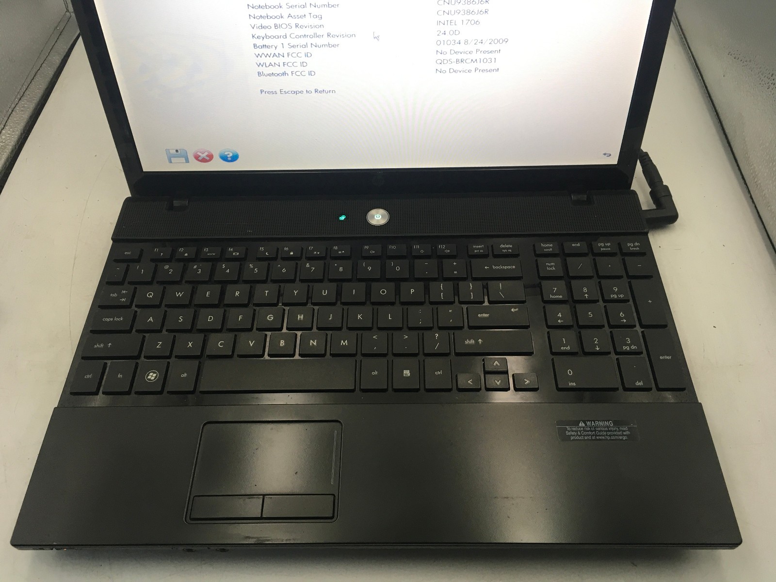HP PROBOOK 4510S – BOOTS TO BIOS – INTEL CELERON 900 – 2GB RAM -READ DESCRIP- BB
