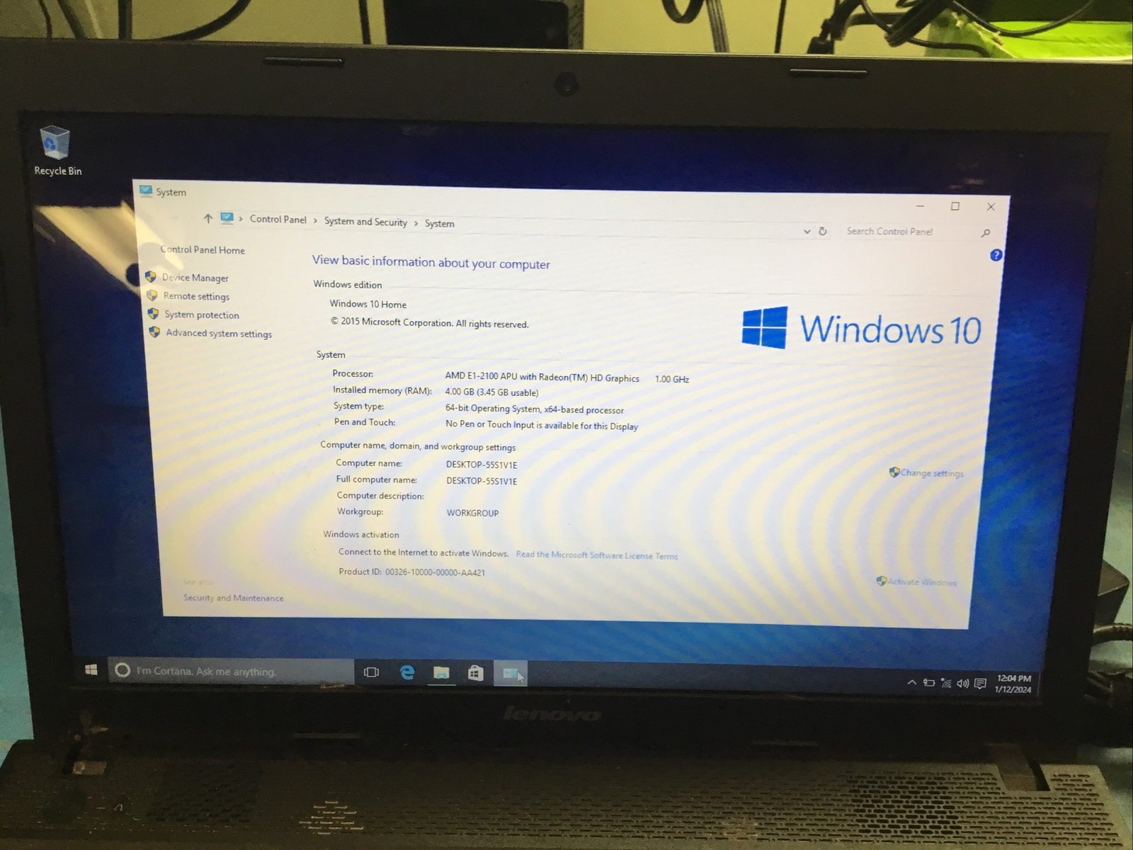 Lenovo G505 Laptop, AMD E1-2100 APU w/ Radeon graphics, 4GB, 320GB, Win 10 – H1