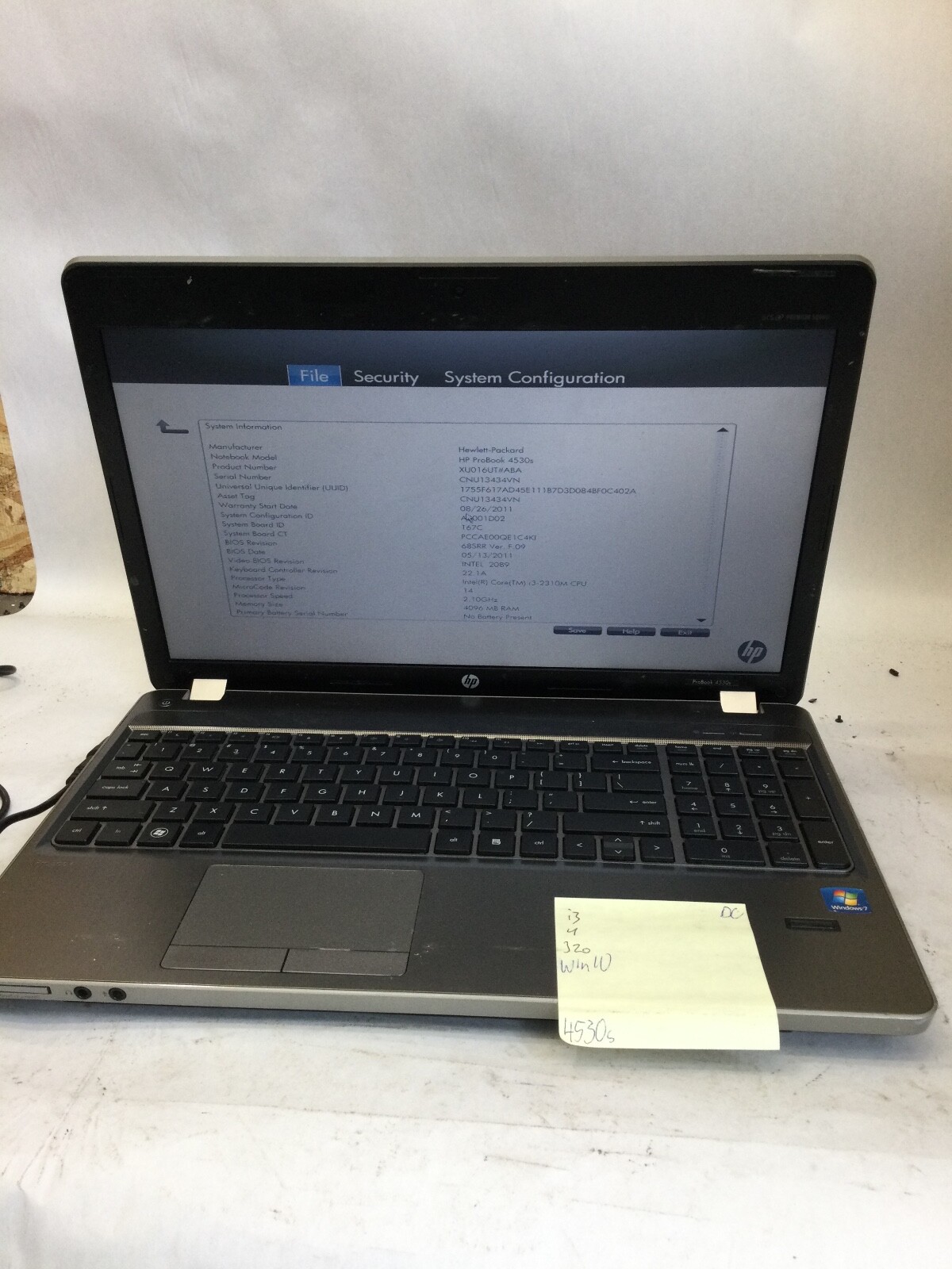 HP PROBOOK 4530S – BOOTS TO BIOS – INTEL I3 2310M – 4GB RAM – 320GB – READ – BB!