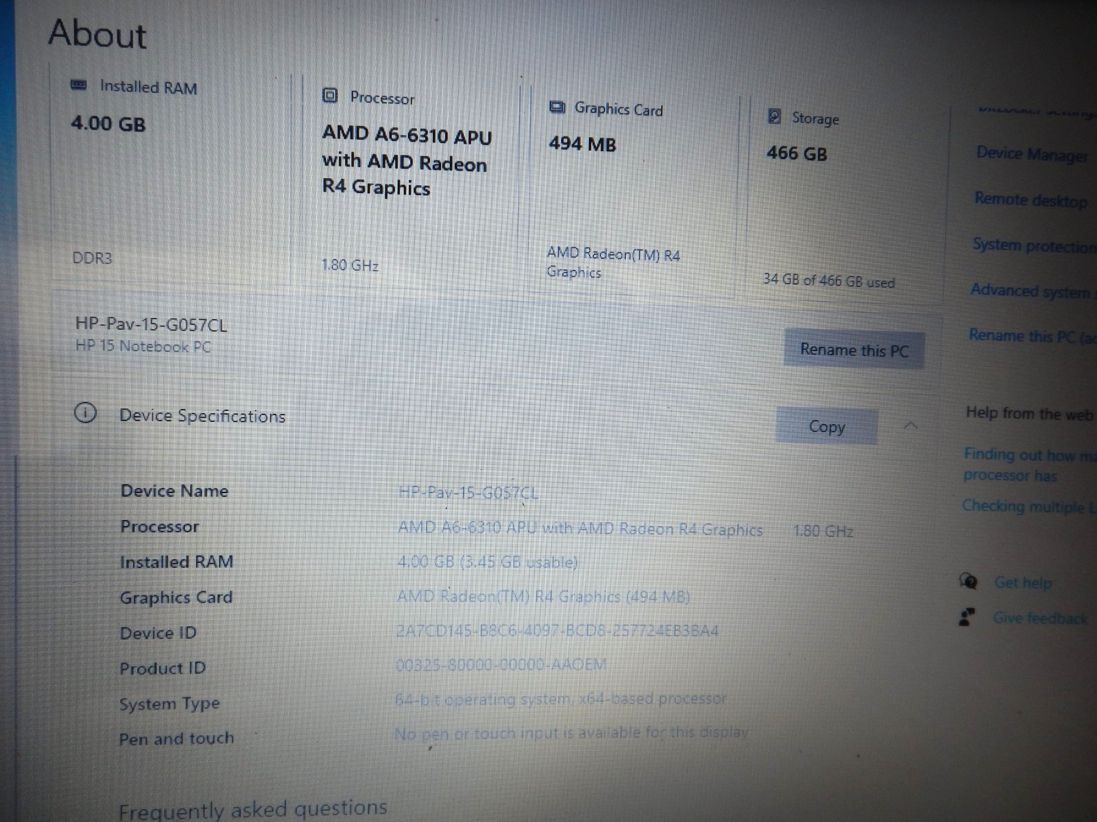 HP 15-G057CL 15.6″ Laptop AMD 1.8 4gb ram 500gb HD DVDRW Chgr Batt **GRADE A**