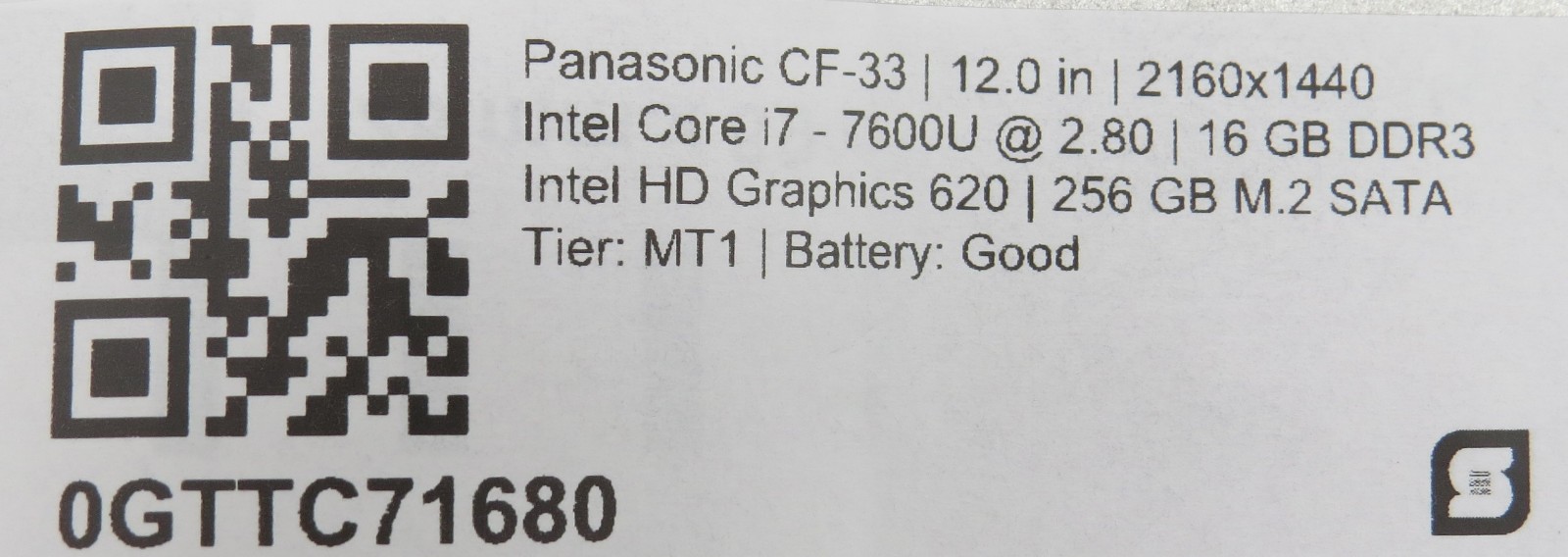 Panasonic CF-33 Toughbook i7-7600U@2.8 | 16/256GB SSD | 12″ Touch | No OS/AC