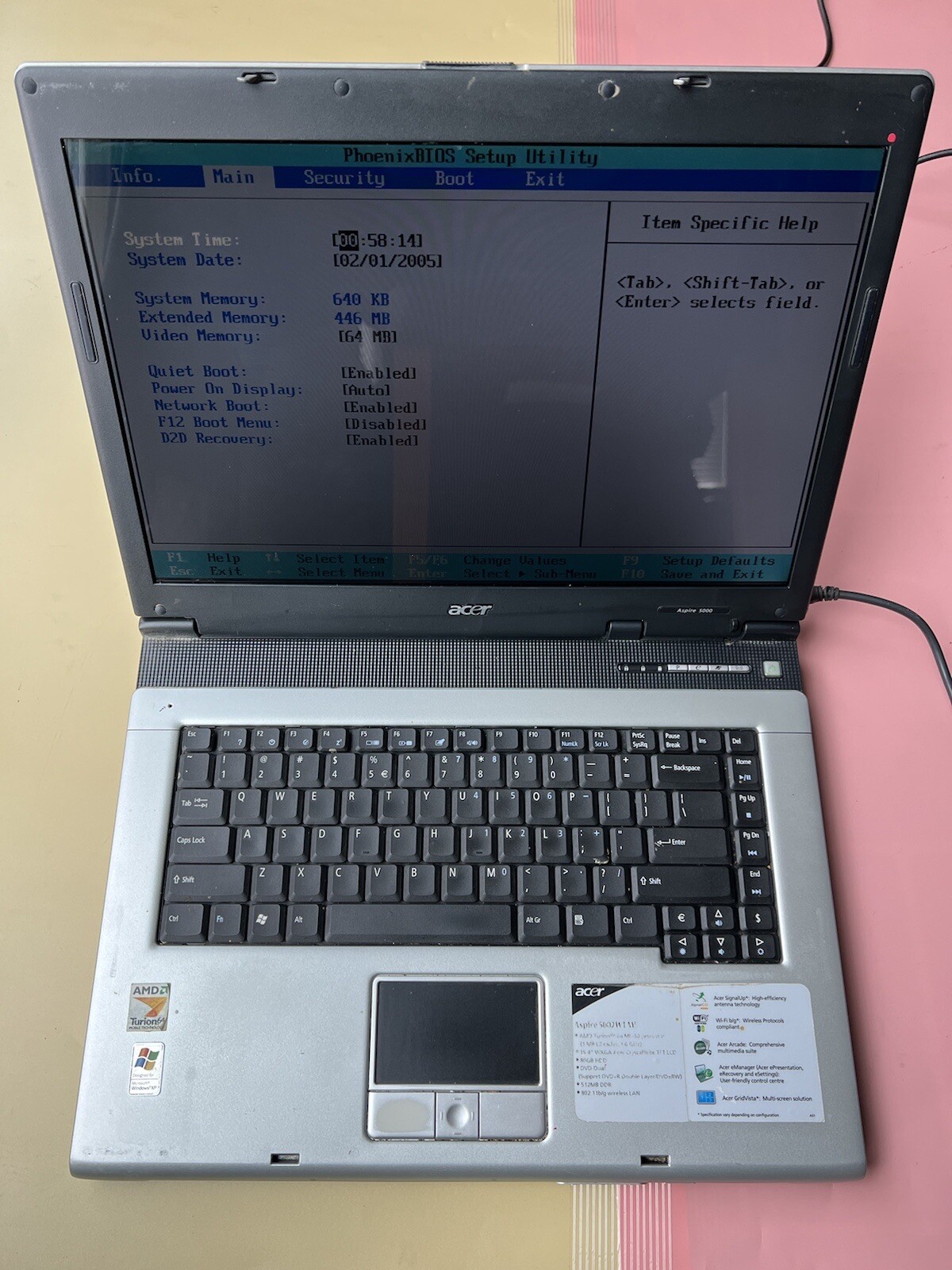 Acer Aspire 5000 15.4″ AMD Turion 1.60GHz 640KB RAM 0GB HDD BIOS BOOT