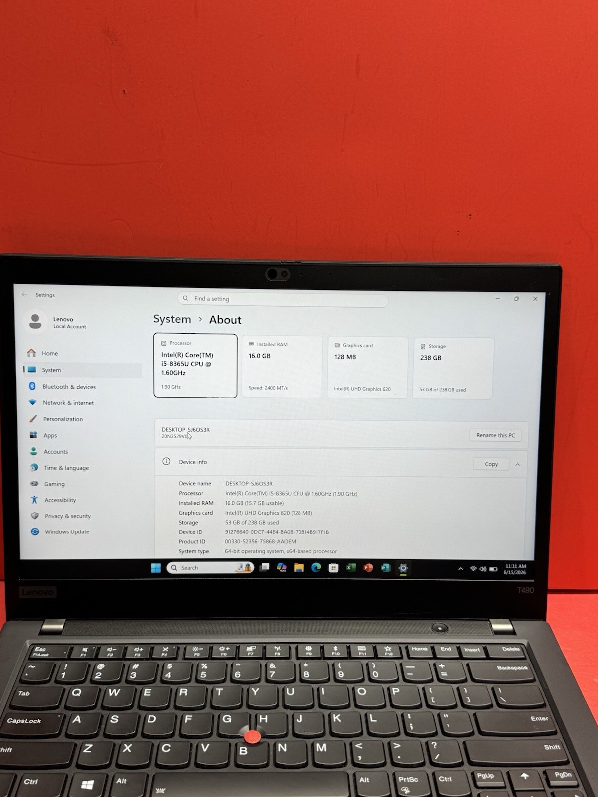 Lenovo ThinkPad T490 14” (256GB SSD 8th i5- 1.6GHz 16GB RAM) Touch screen
