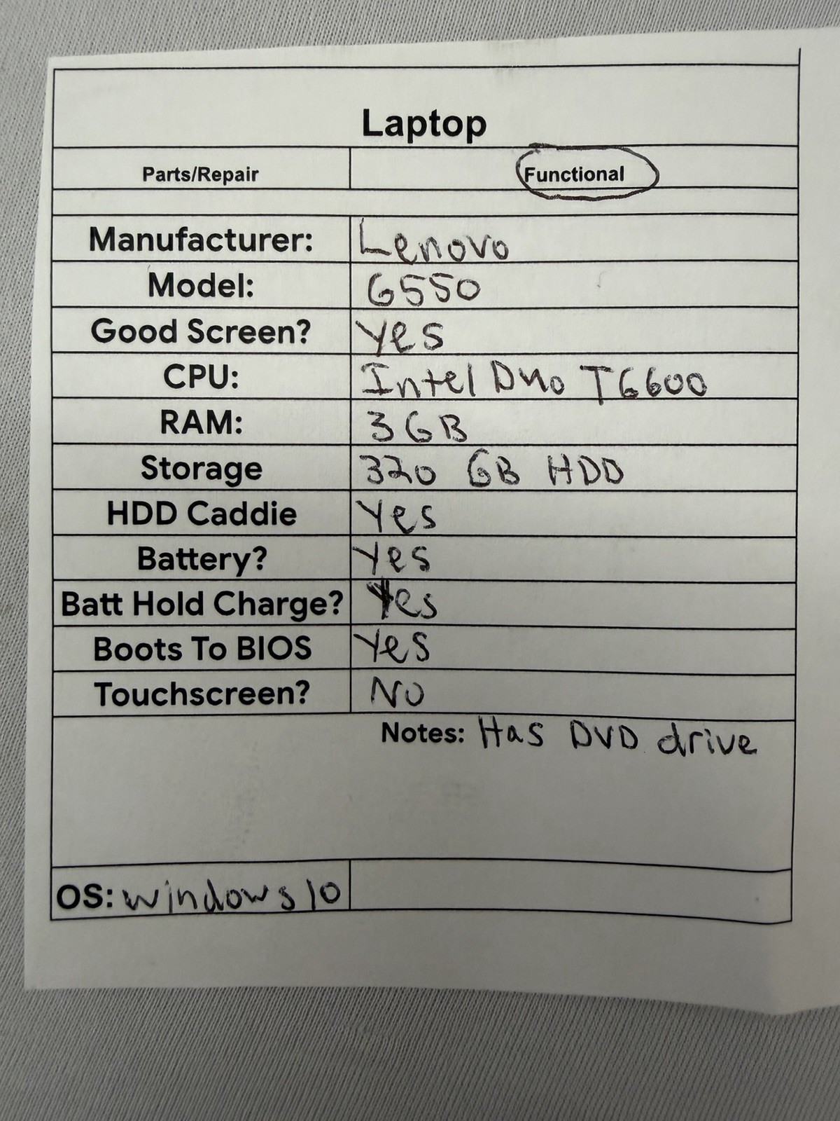 Lenovo 6550 Laptop – Good Screen – Intel Duo T6600 – Read Des