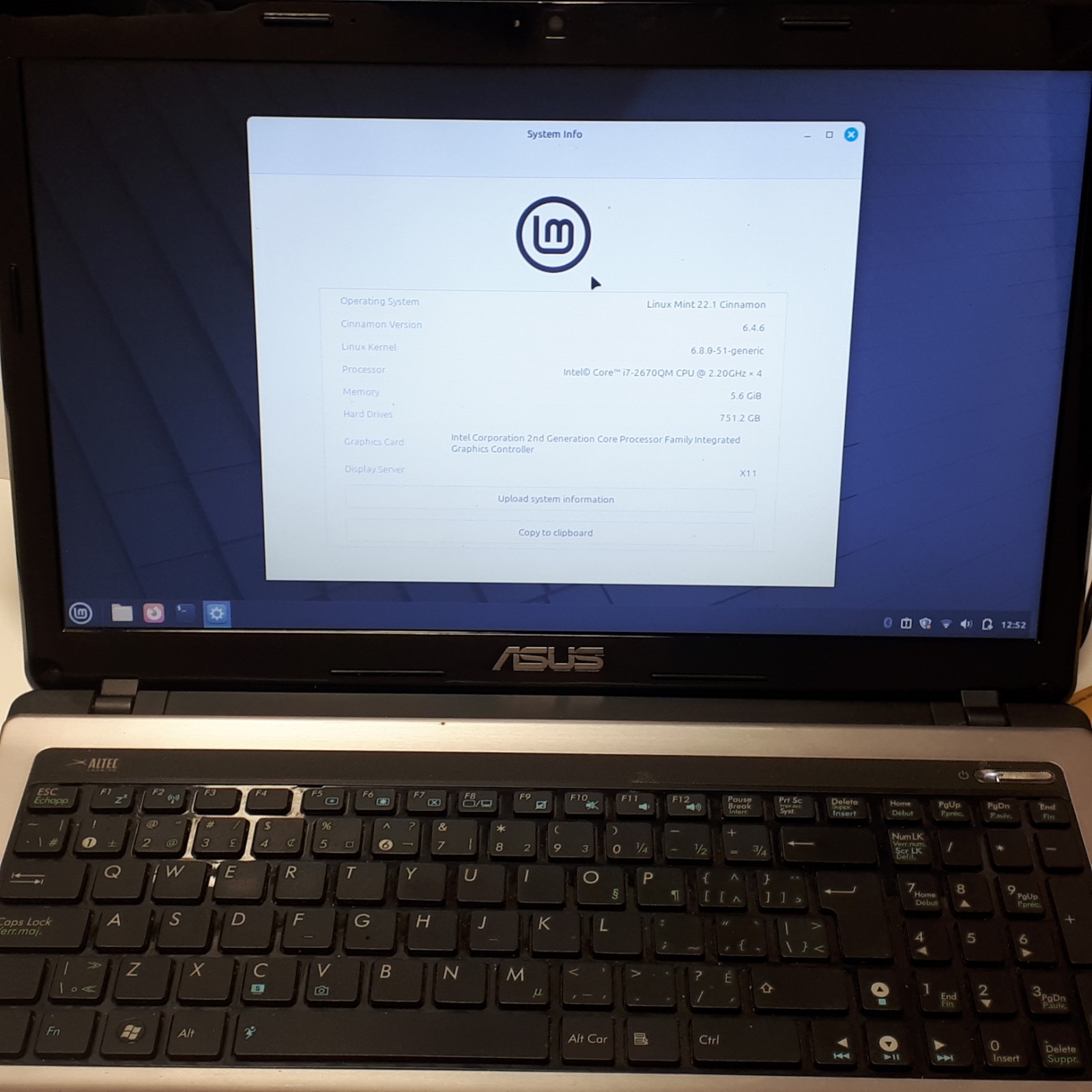 Asus X53E 15.6″ Laptop i7-2670QM 6GB RAM 750GB HDD DVD Linux Mint Cinnamon H4081