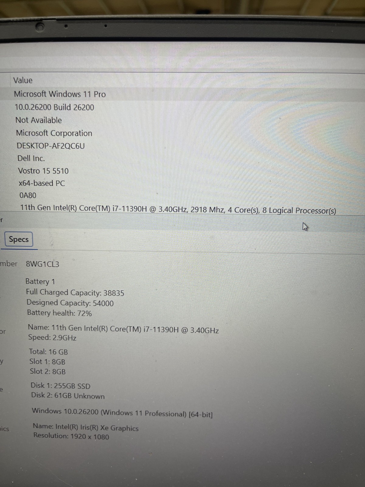 Dell Vostro 15 5510 15.6″ Laptop I7-11390H 3.40GHz 16GB RAM 256GB SSD Win 11 Pro