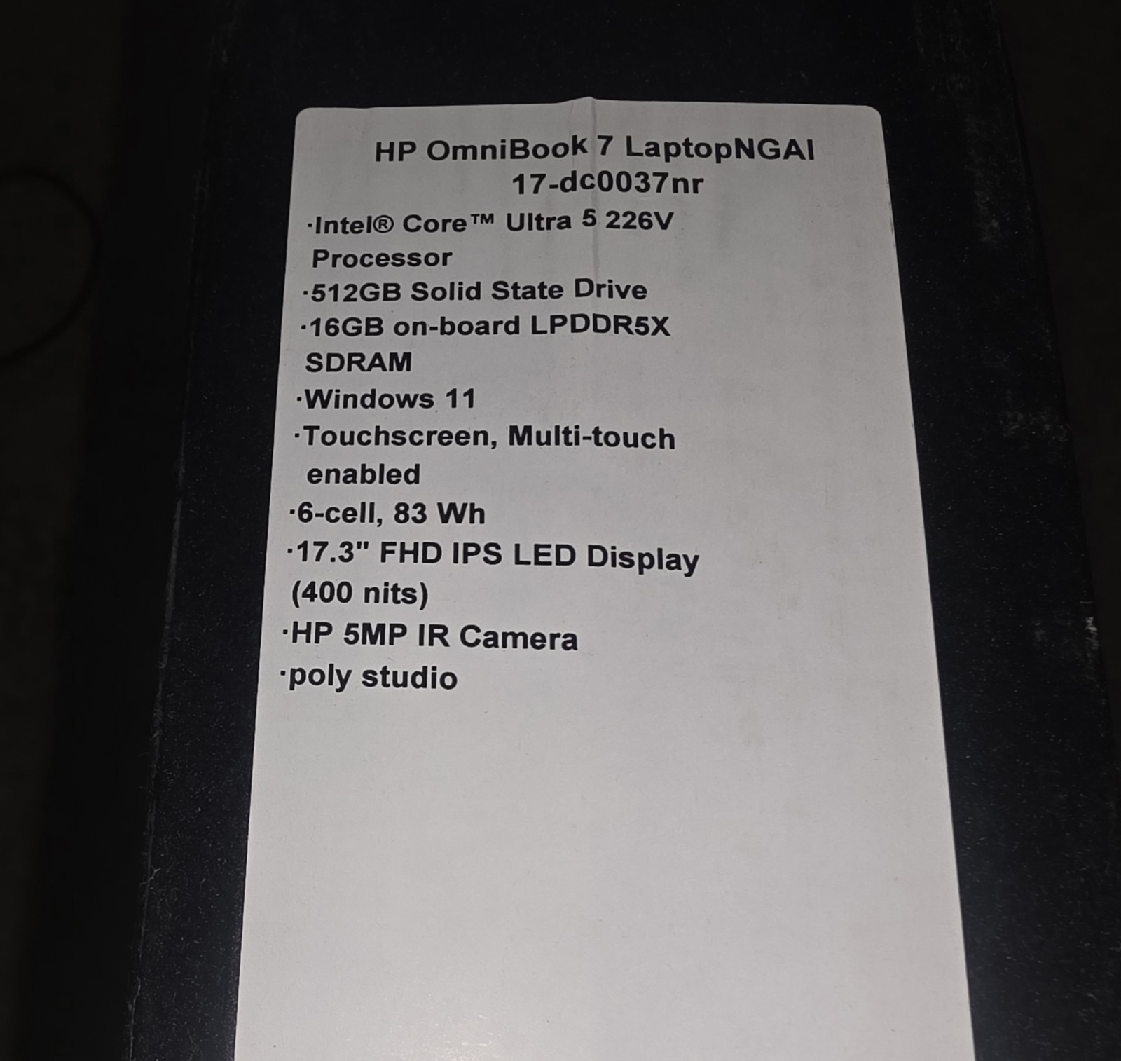 HP OmniBook 7, 17.3″ Touch Core Ultra 5 226V, 16GB, 512GB SSD, Accident Warranty
