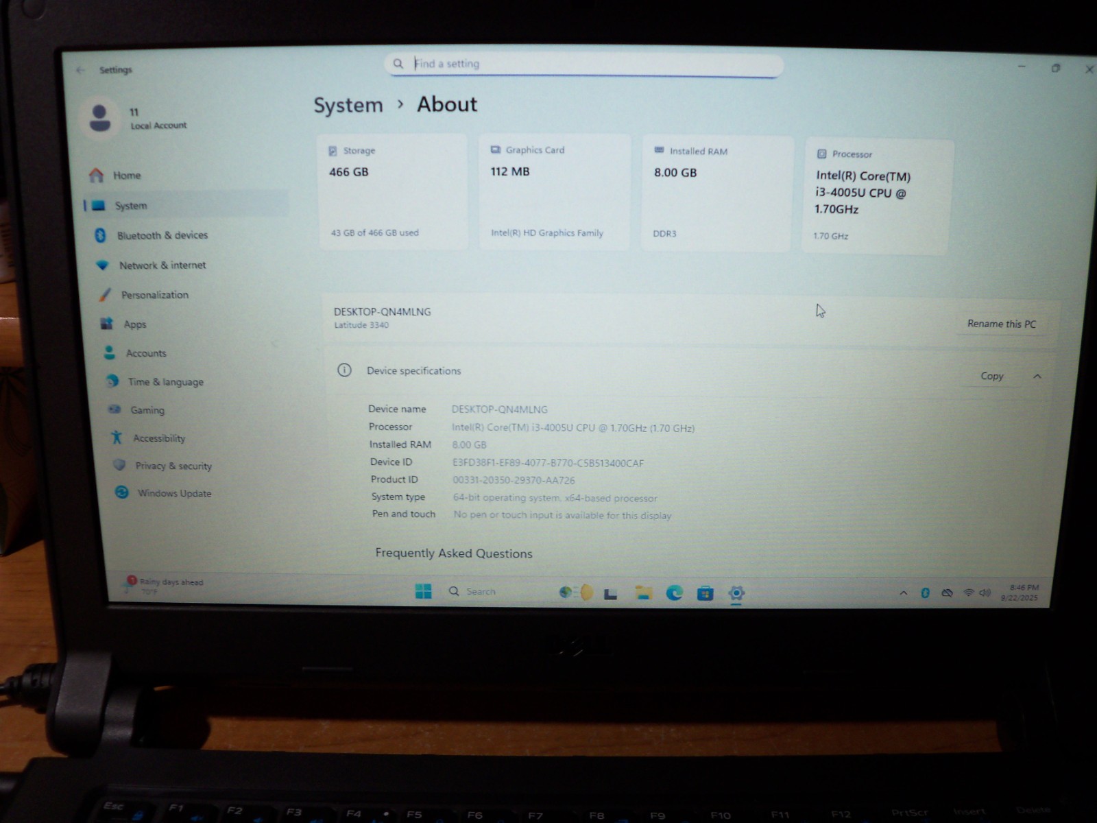 Dell Latitude 3340 Laptop 8GB RAM 500GB HD Windows 11 Pro No AC Ada. No Battery
