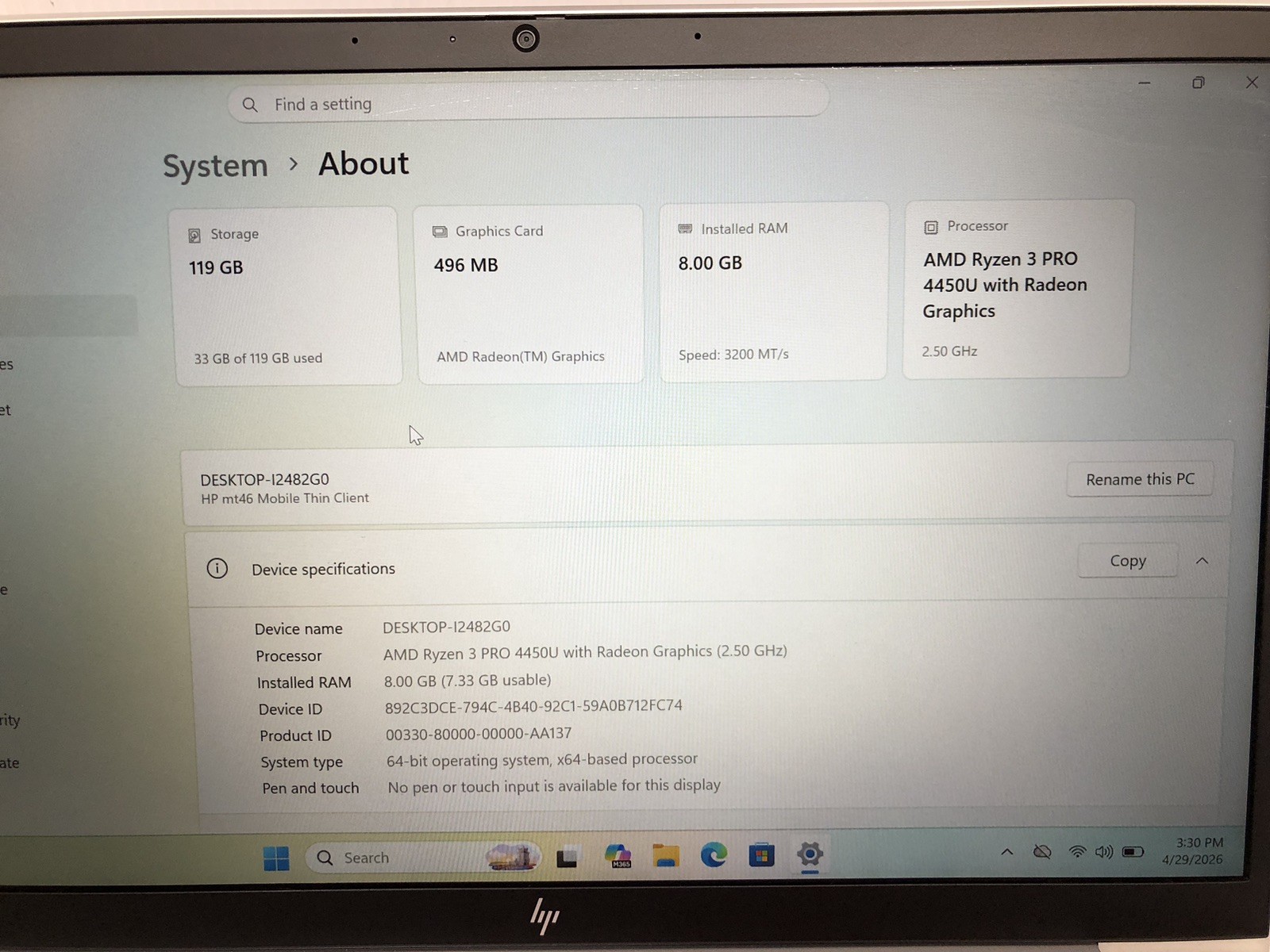 HP mt46 14″ Thin Client Laptop AMD Ryzen 3 PRO 4450U | 8GB RAM 128GB SSD W/ Cord