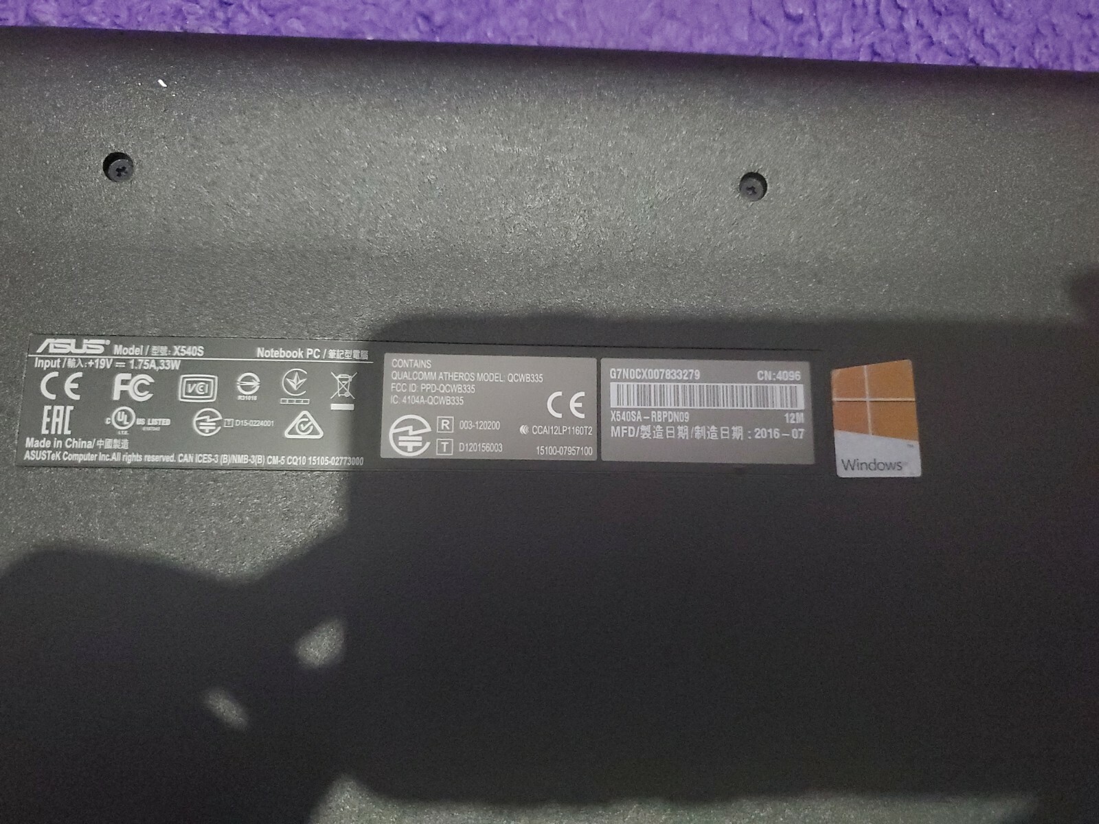 asus laptop model : X540S