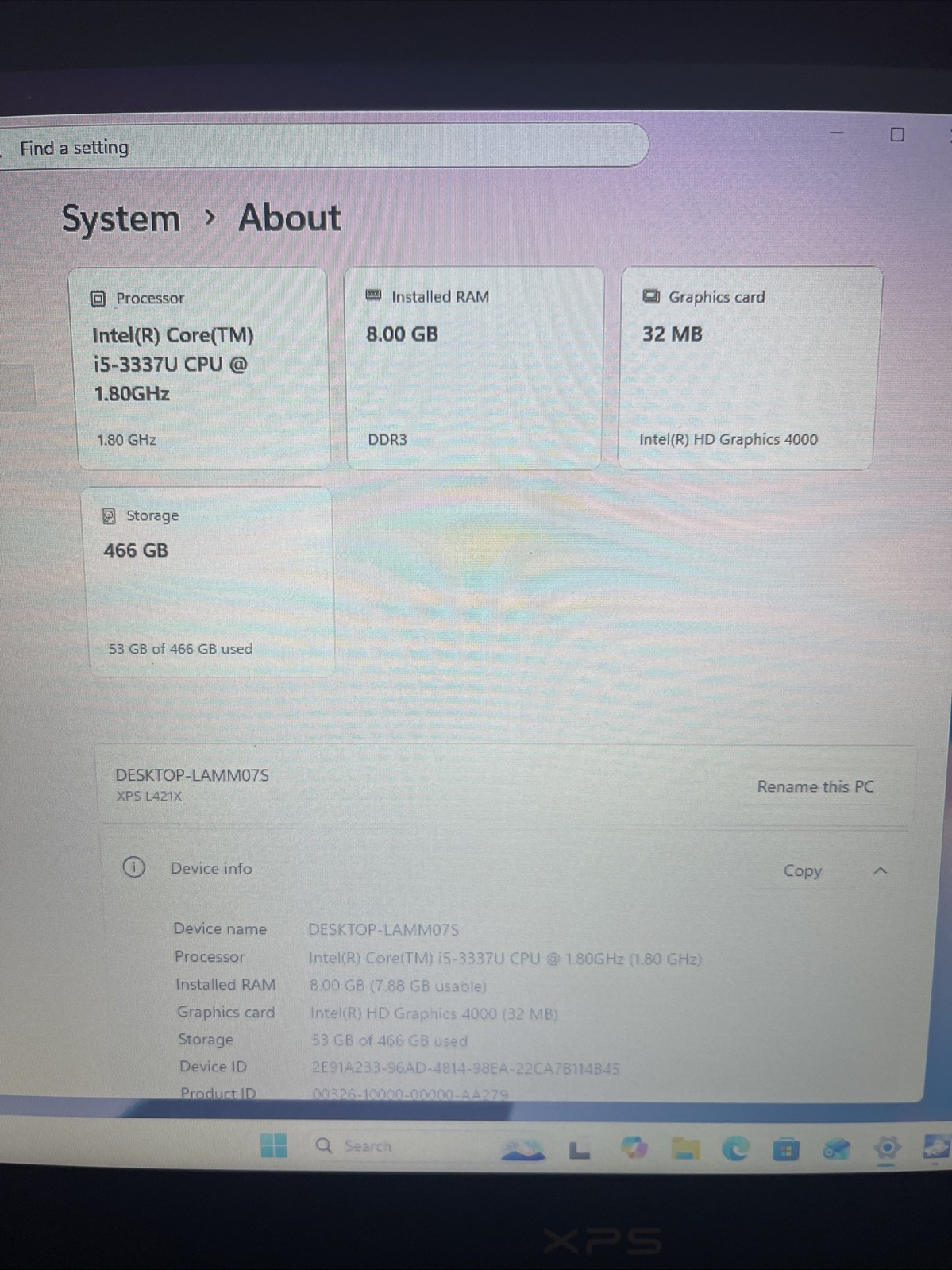 Dell XPS L421X i5-3317U 8GB 500GB HDD Intel Integrated WIN 11
