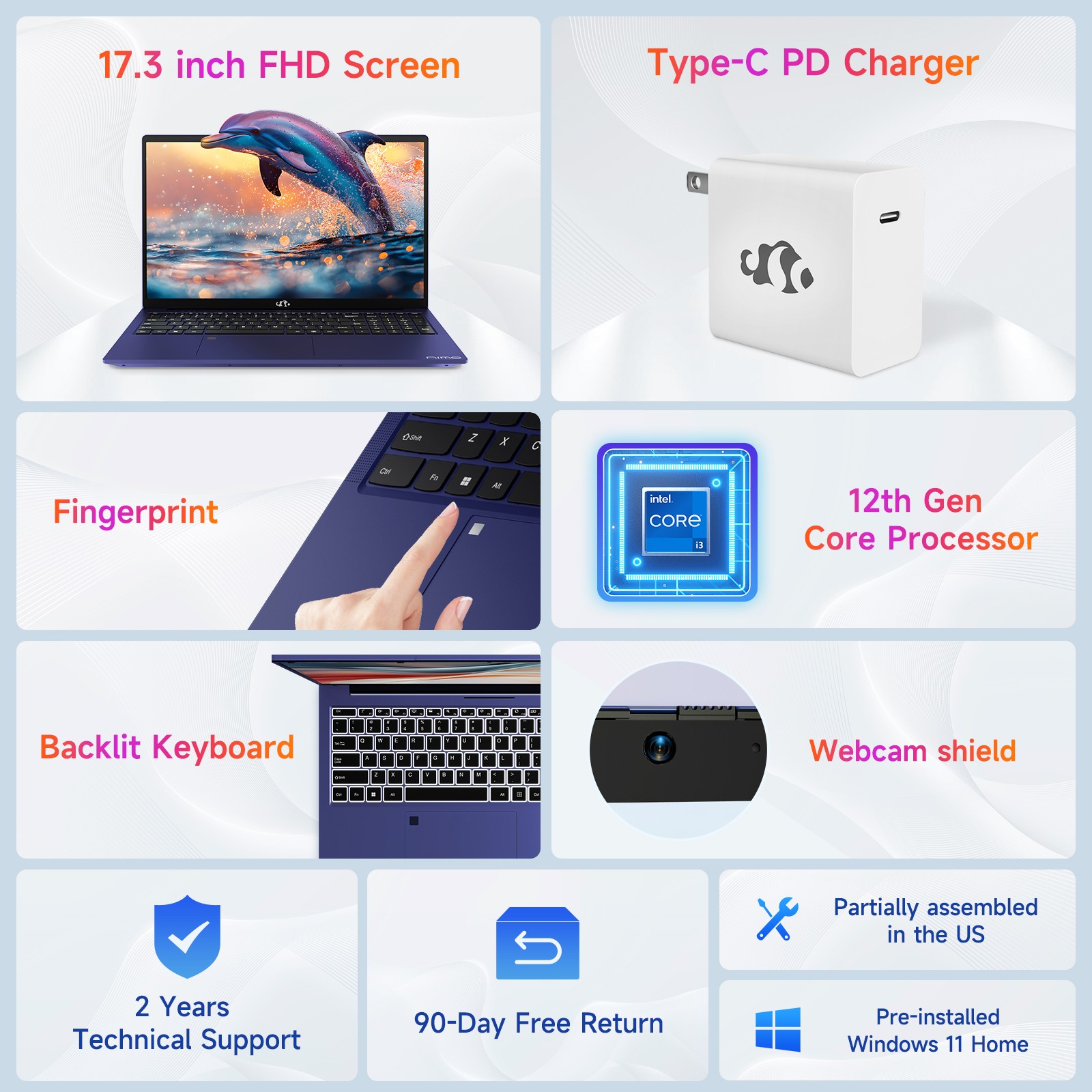 NIMO 17.3 FHD-Laptop, Intel 6-Cores i3-1215U 32GB RAM 1TB SSD 65W Type-C Win 11