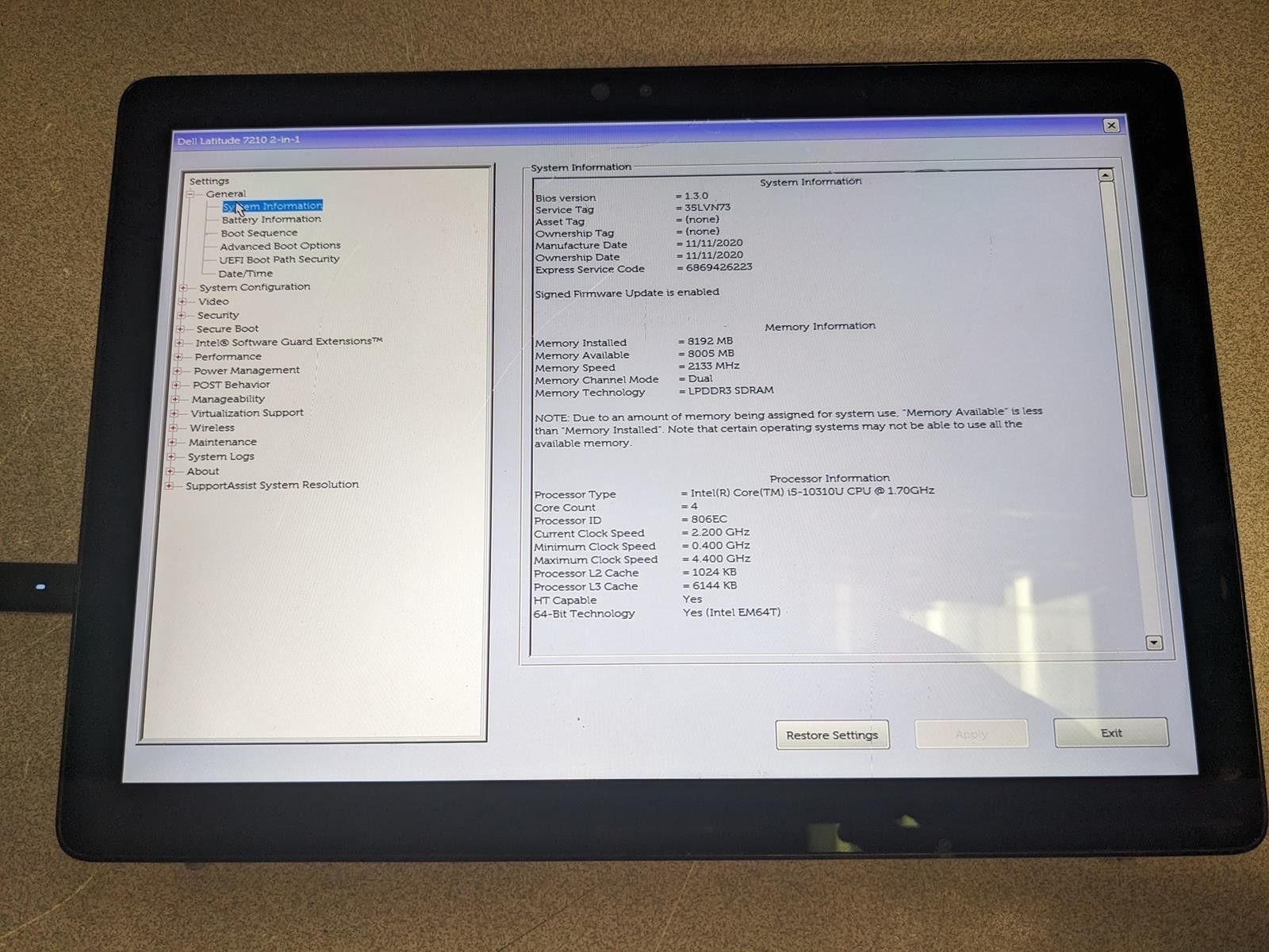 DELL LATITUDE 7210 2-IN-1 i5-10310U @ 1.70GHz, 8GB RAM, NO HDD/OS – (FOR PARTS)