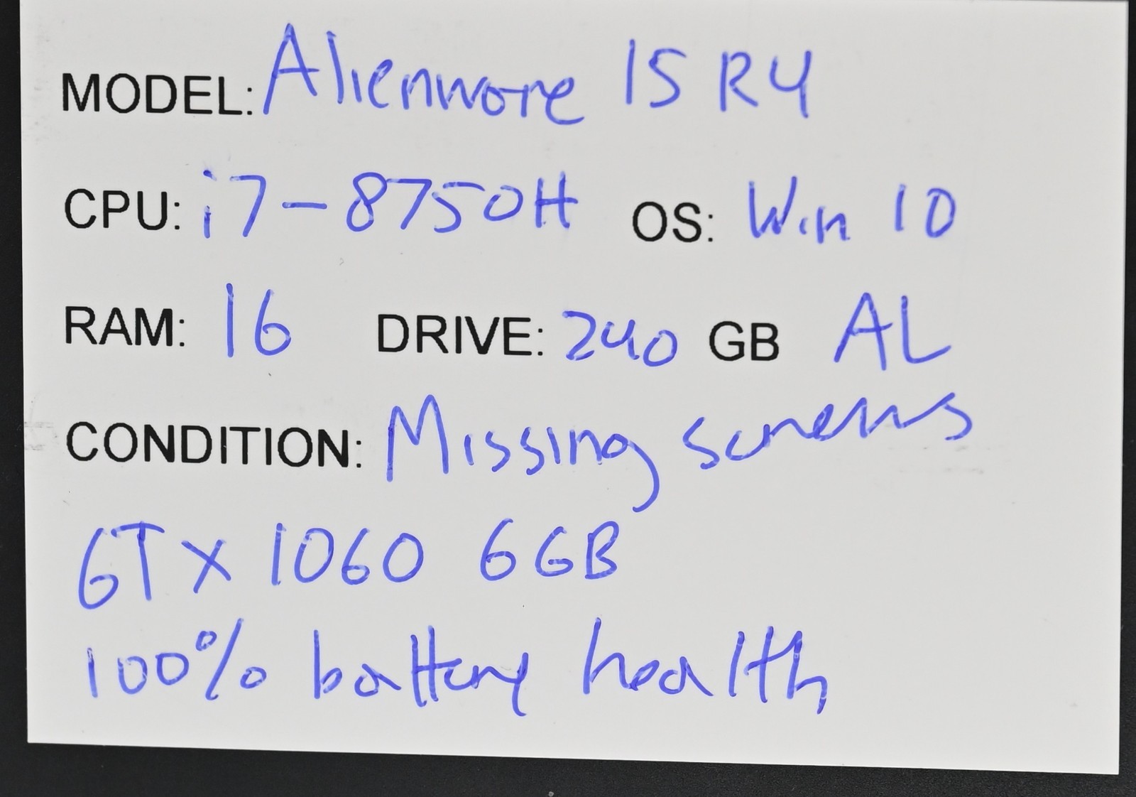 Alienware 15 R4 i7-8750H 2.2GHz 12GB RAM 240GB SSD GeForce GTX 1060 WINDOWS 11