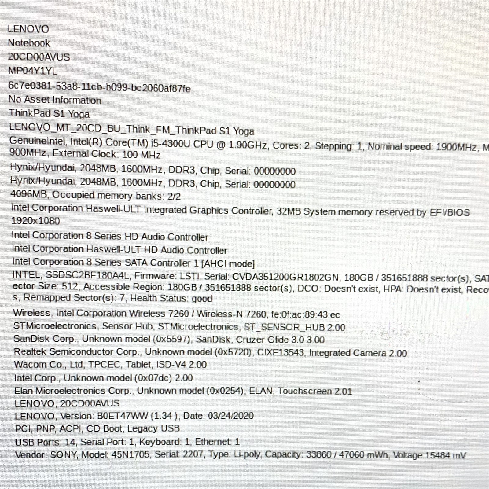 Lenovo Thinkpad S1 Yoga 12″ Touch 2-in-1 i5-4300U 1.90GHz 4GB 240GB Win11 No COA