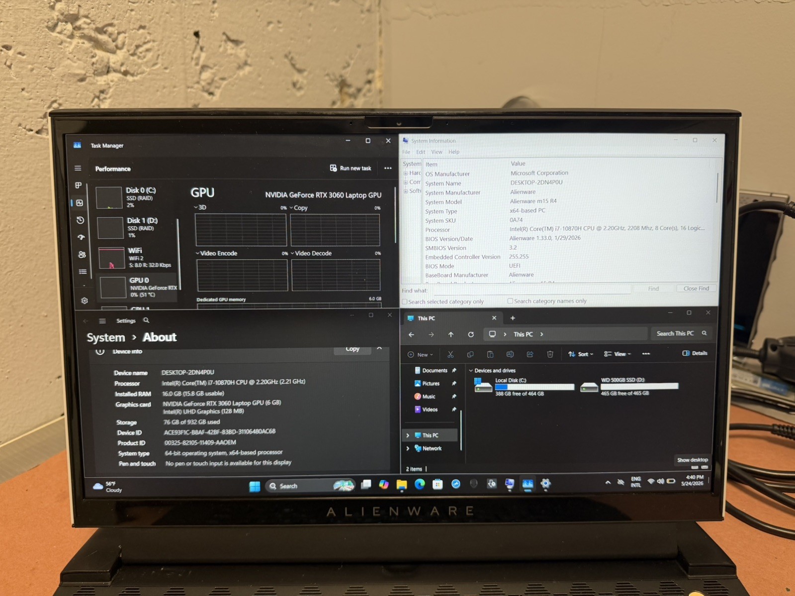 Alienware m15 R4 15.6″ Gaming Laptop i7-10870H RTX 3060 16GB RAM 1TB SSD 144Hz