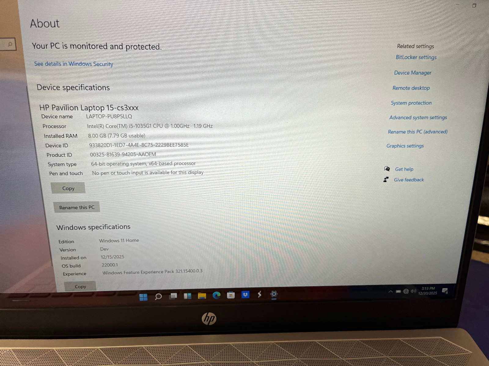 HP 15-cs3055wm / Core i5-1035G1 8GB/512GB