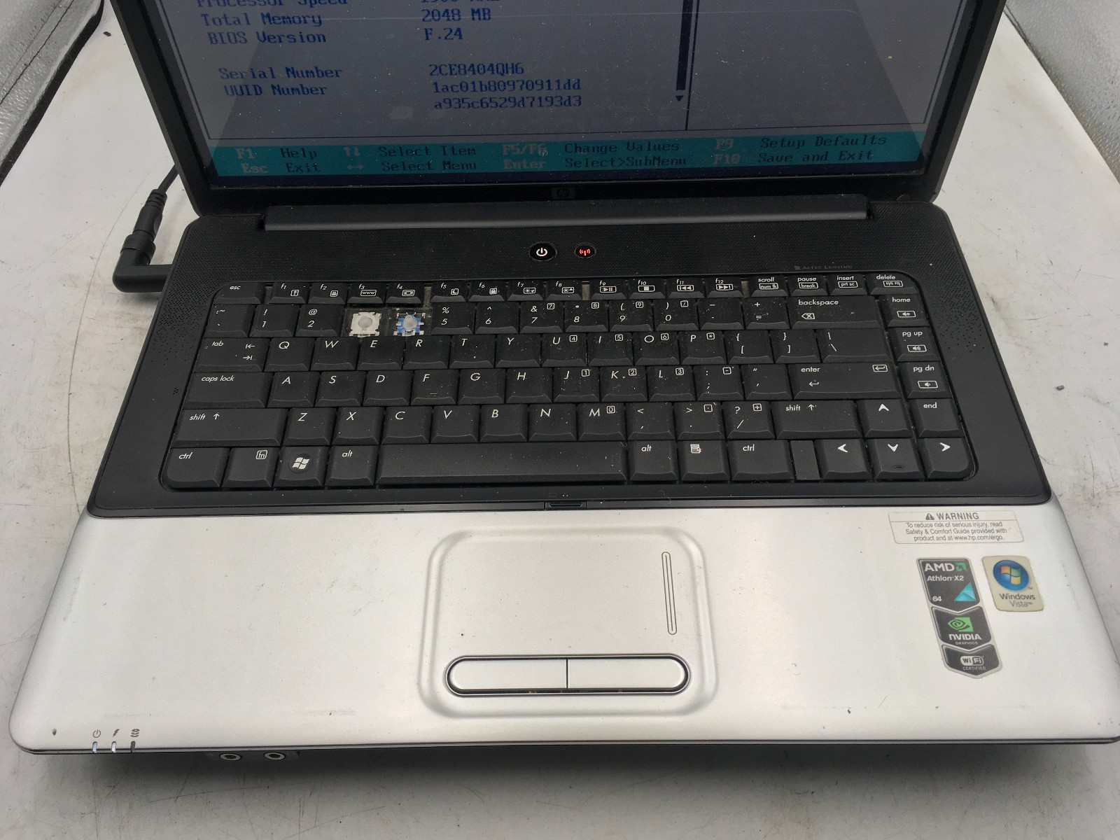 HP G50 109NR NOTEBOOK – BOOTS TO BIOS – AMD ATHLON DUAL CORE – 2GB RAM – READ-BB