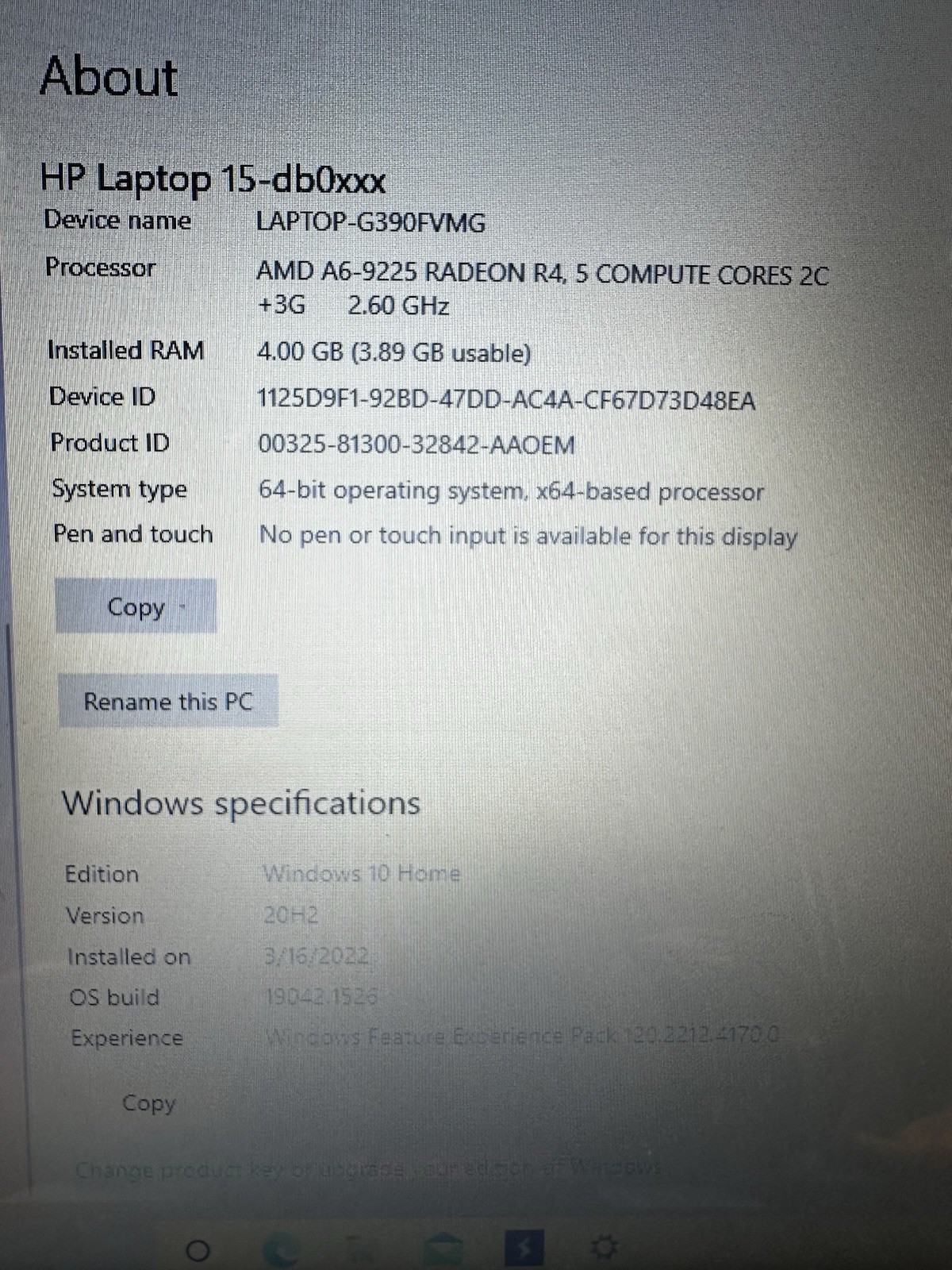 HP 15-db0011dx 15.6″ Laptop AMD A6-9225 R4 / 4GB RAM / 930GB HDD / Win 8 HOME