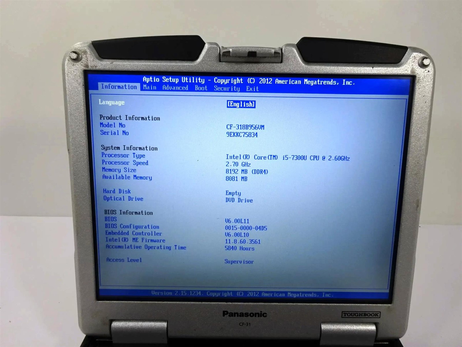 Panasonic Toughbook CF-31 MK6 Core i5-7300U 2.6GHz 8GB RAM – No HDD