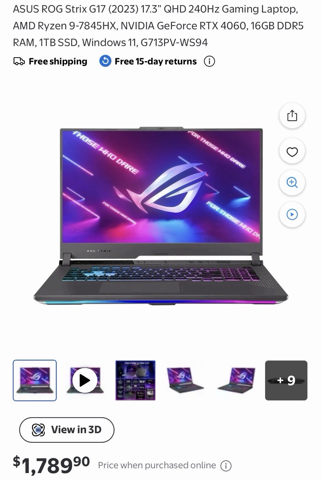 ASUS G17 (GAMING LAPTOP) 17.3in 240Hz RTX 4060-32GB RAM-2TB SSD. ORIGINAL BOX