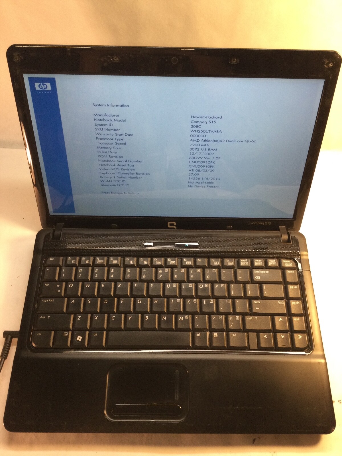 HP Compaq 515 14″ Laptop AMD Athlon X2 Dual Core QL-66 @ 2.2GHz-BOOTS BIOS -MZ