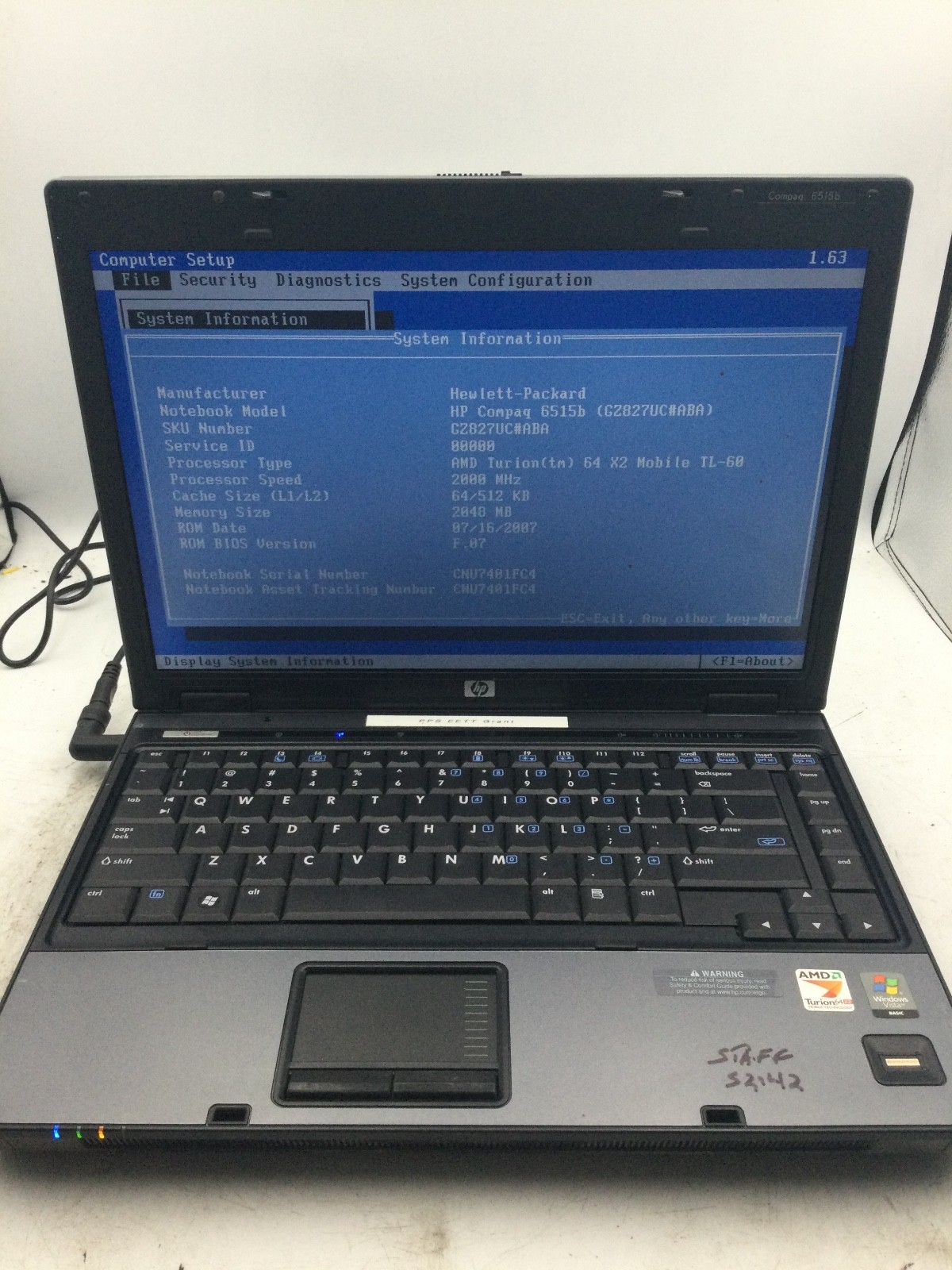 HP PROBOOK 6515B – BOOTS TO BIOS – AMD TURION – NO RAM – 15″ – READ DESCRIP -BB