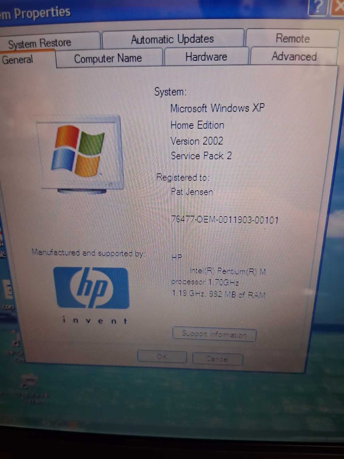 HP Pavilion Laptop DV1000 1.70GHZ 992MB RAM WINDOWS XP