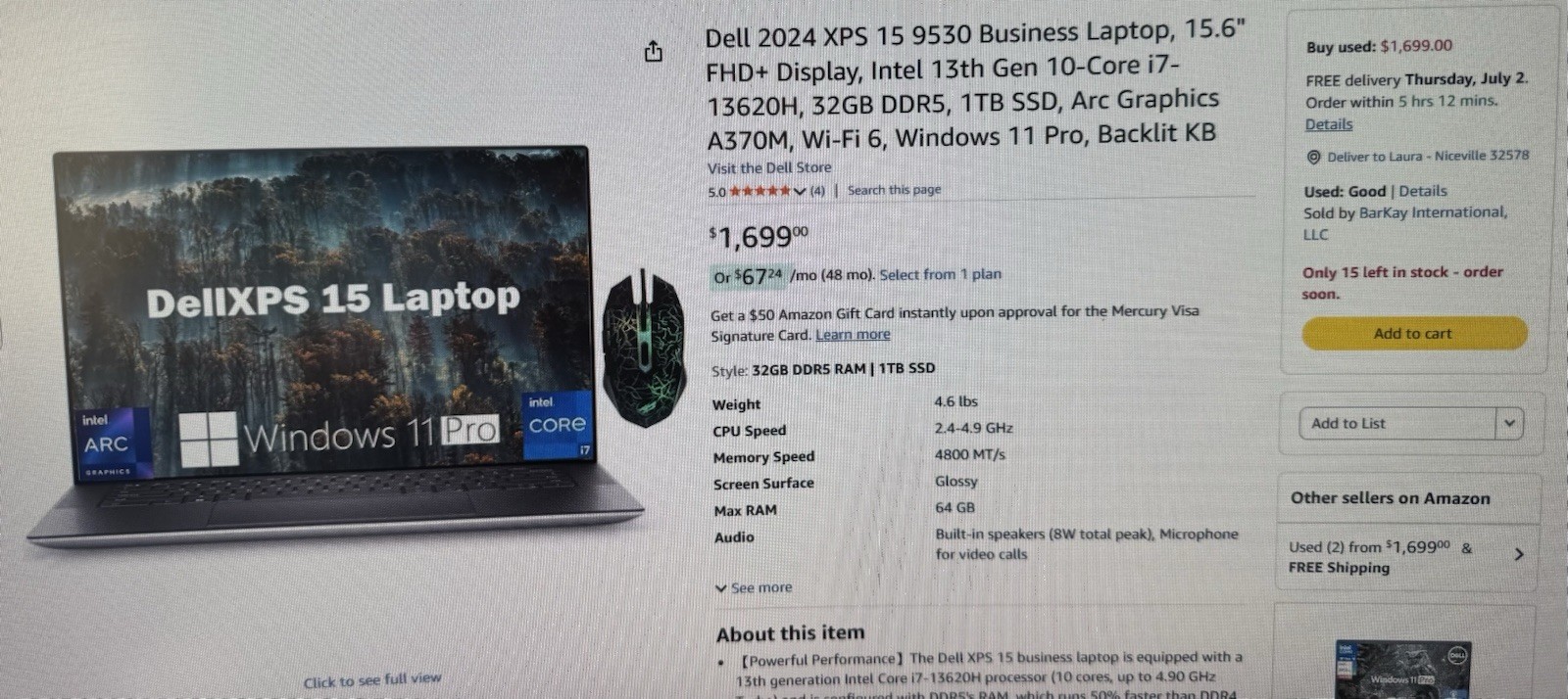 Dell XPS 15 9530 15.6″ FHD+ i7-13620H 32GB 1TB SSD Arc A370M W11P