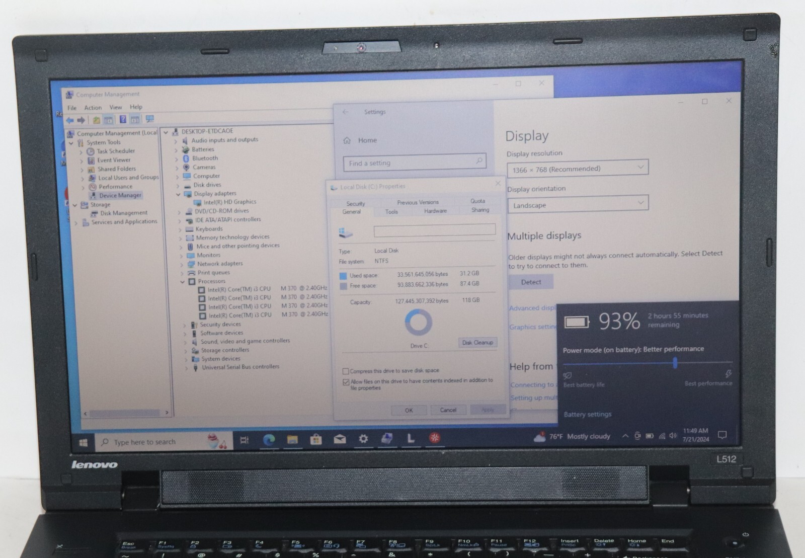 Lenovo ThinkPad L512(i3,128GBSSD, 2.40GHz, 6GB, WIN.10 PROF, WIFI READY)Webcam