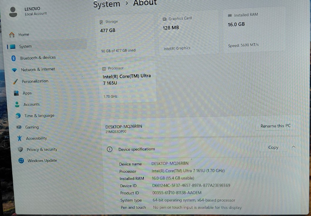 Lenovo ThinkPad T16 Gen 3 21MN 16″ Ultra 7 165U 1.7GHz 16GB RAM 512GB SSD