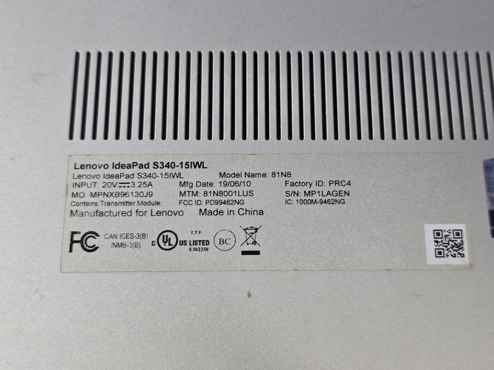 Lenovo IdeaPad S340-15 IWL i3-8145U 2.10GHz No RAM No OS/SSD, Won’t Boot At All.